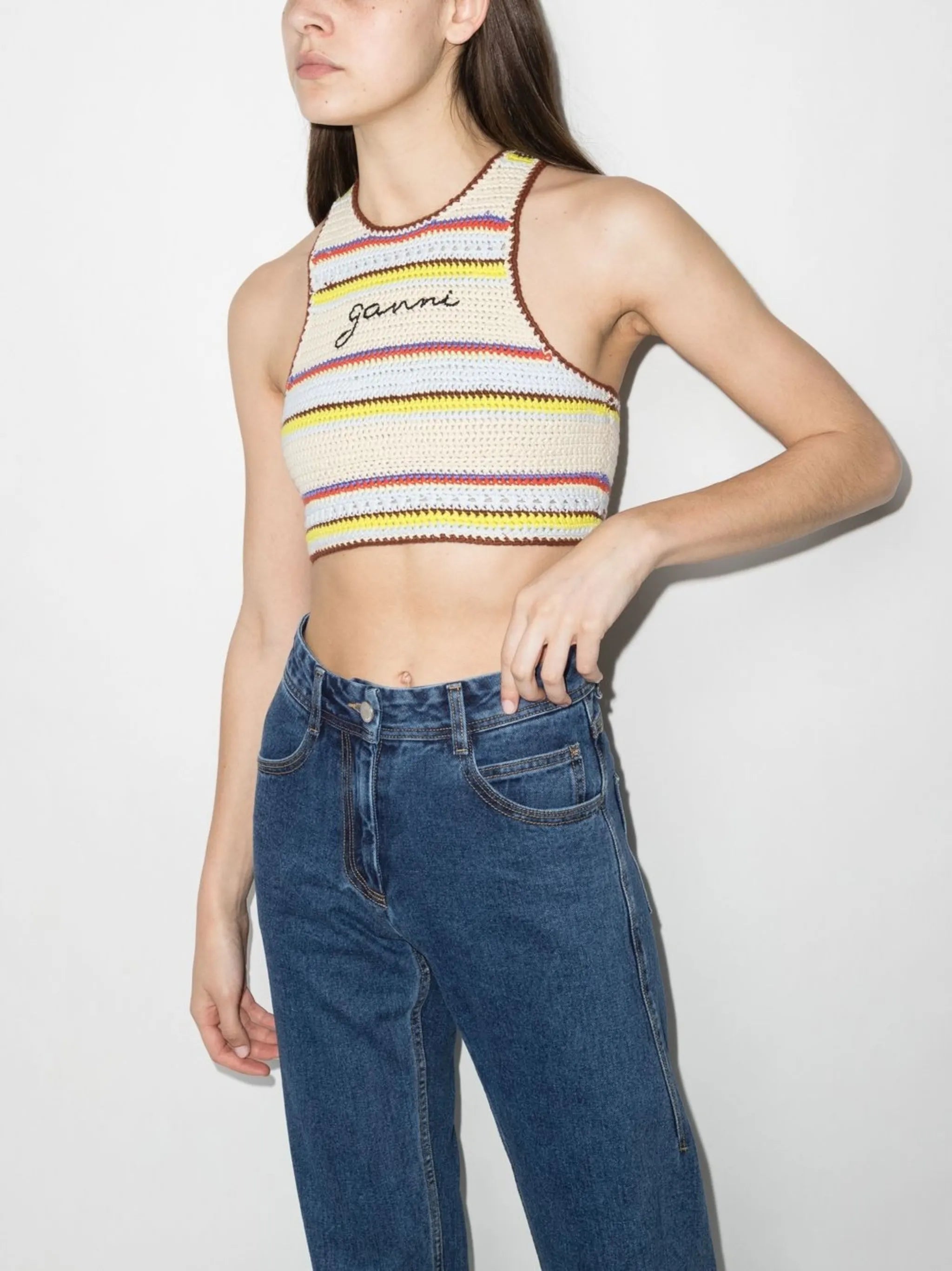 logo-embroidered striped organic cotton tank top