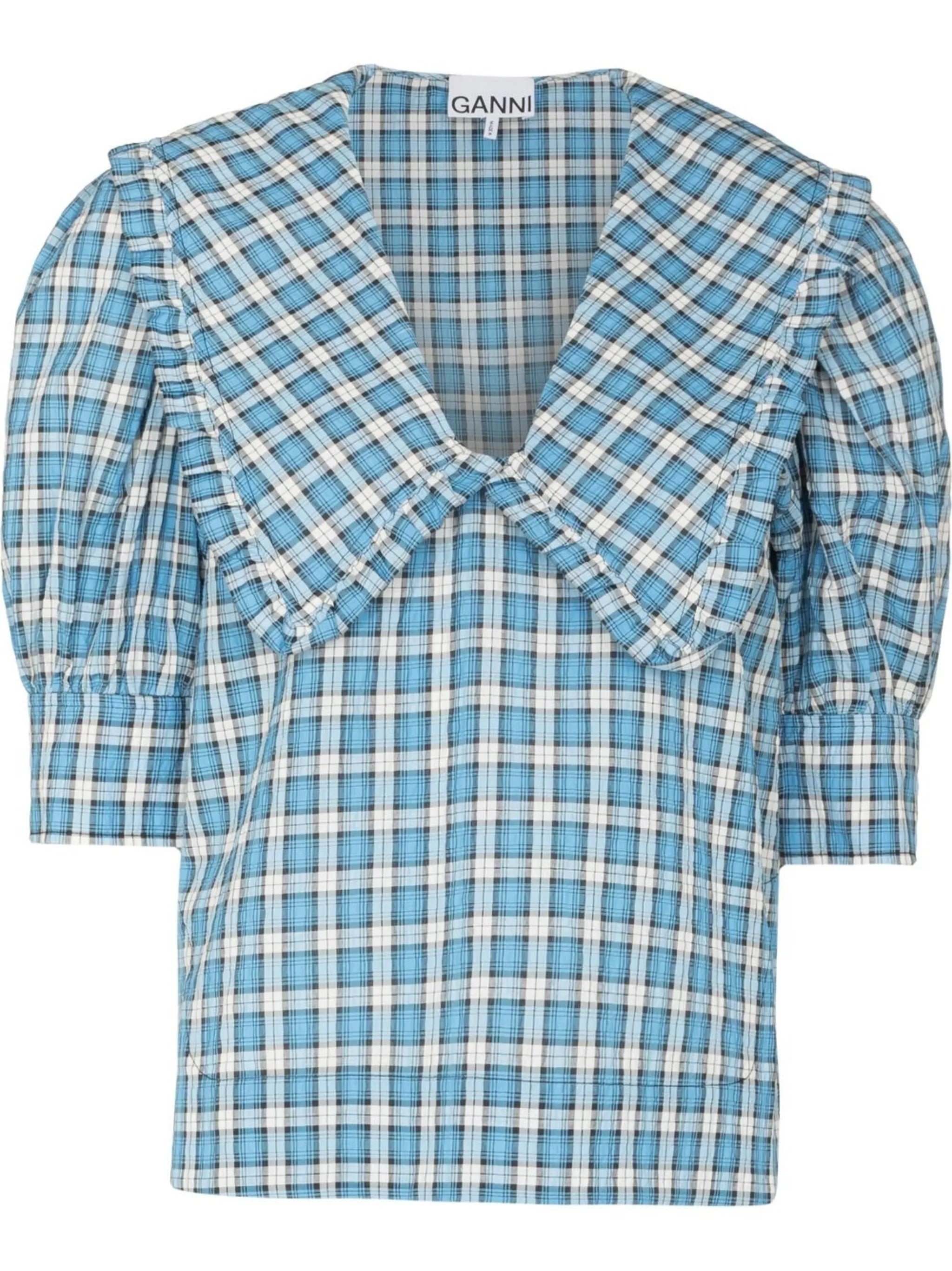 oversized-collar plaid blouse