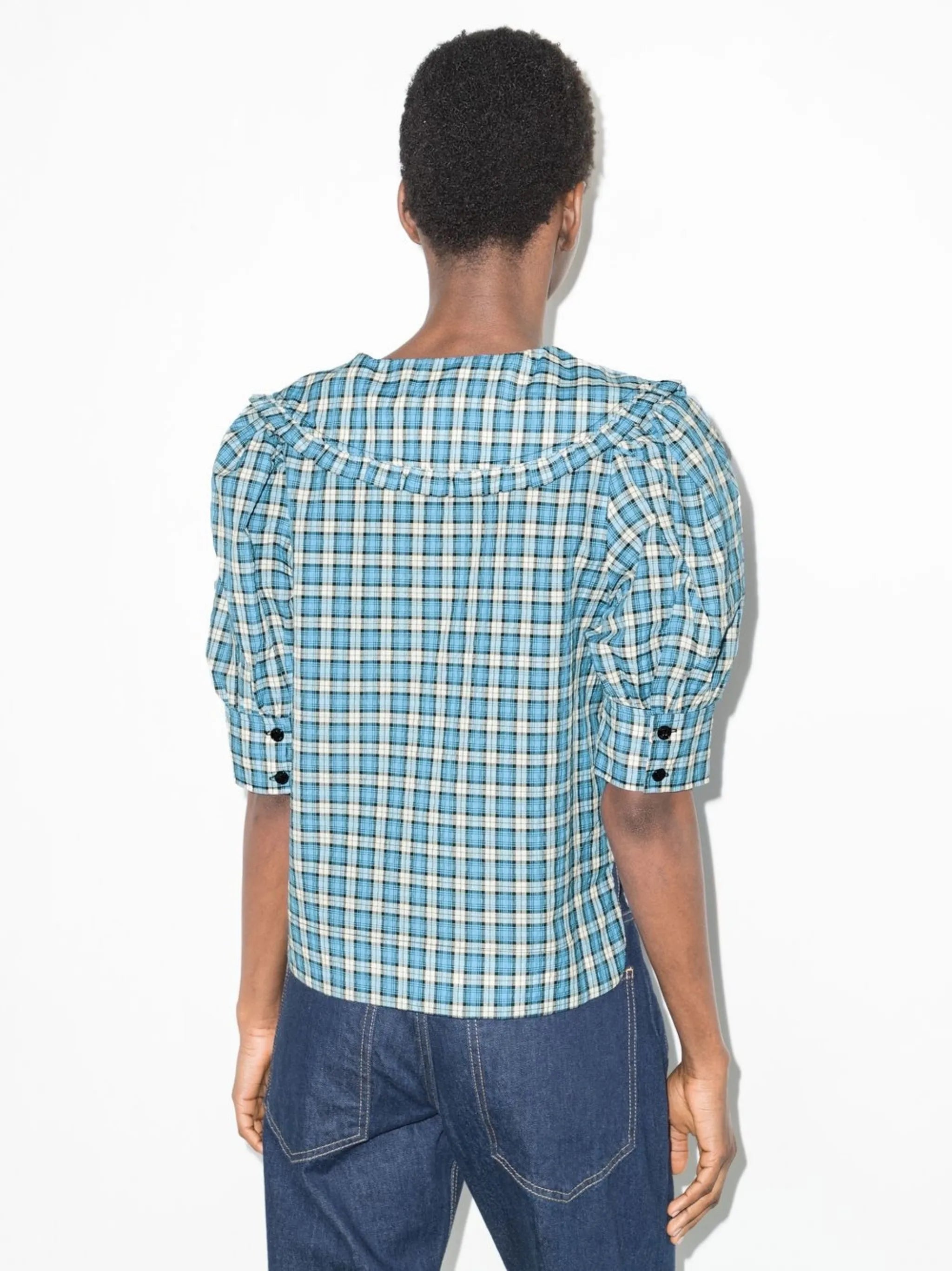 oversized-collar plaid blouse