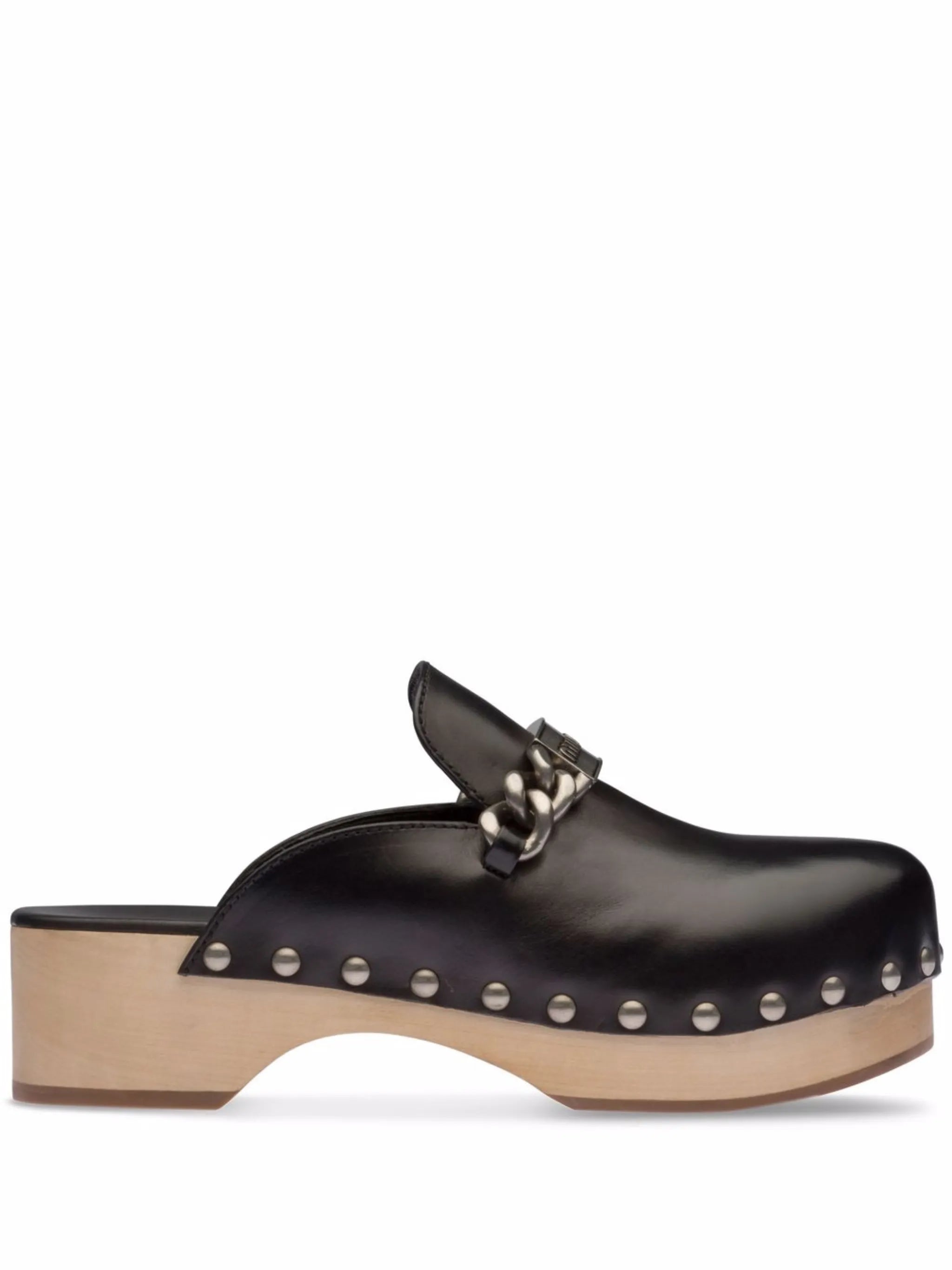 studded chain-strap leather clogs