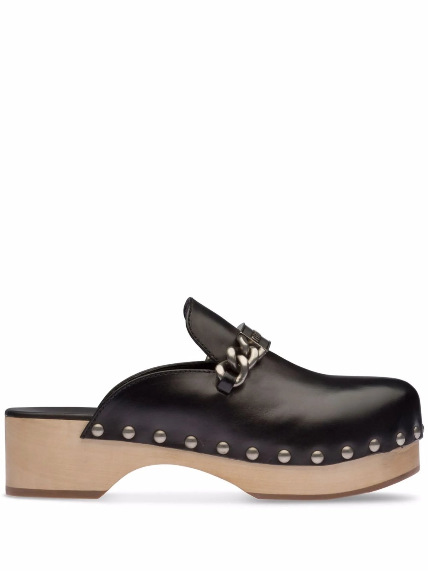 studded chain-strap leather clogs