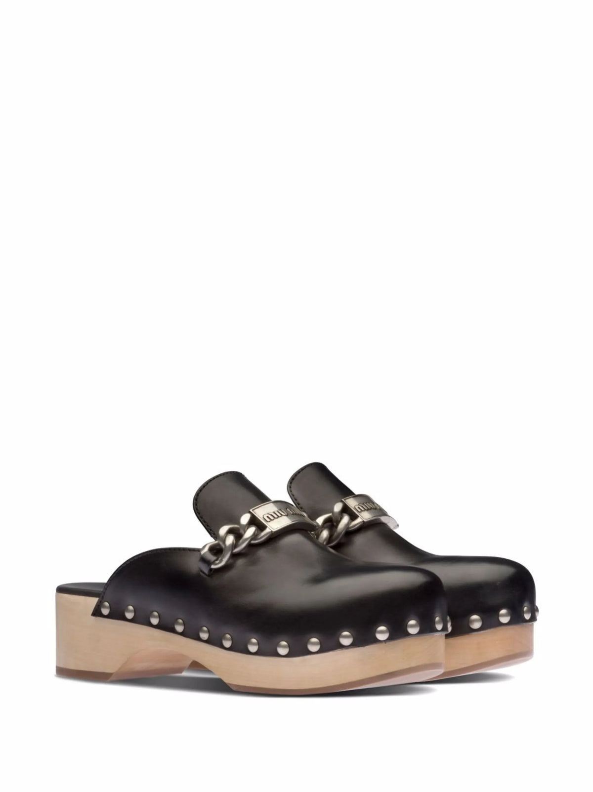 studded chain-strap leather clogs
