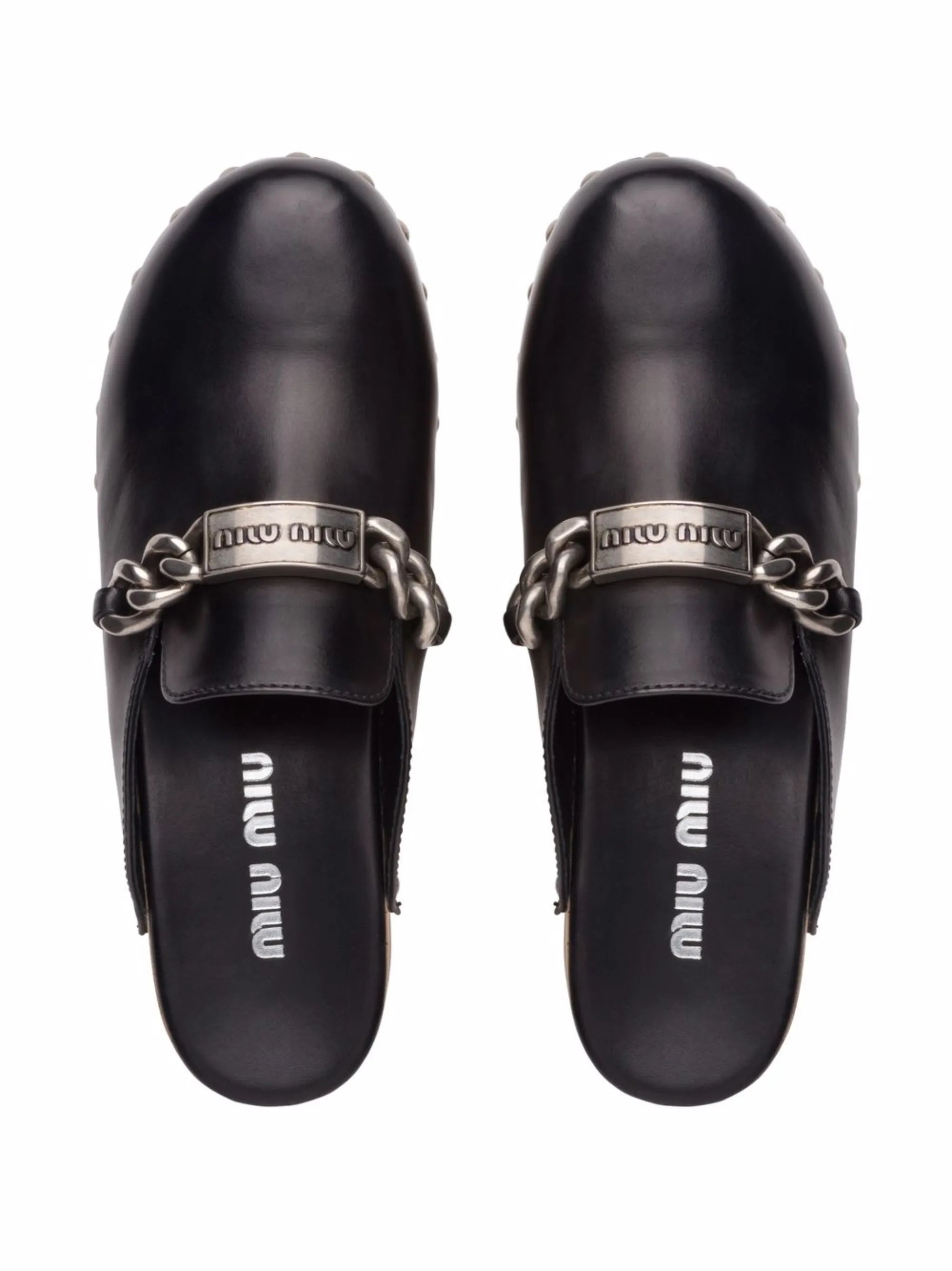 studded chain-strap leather clogs