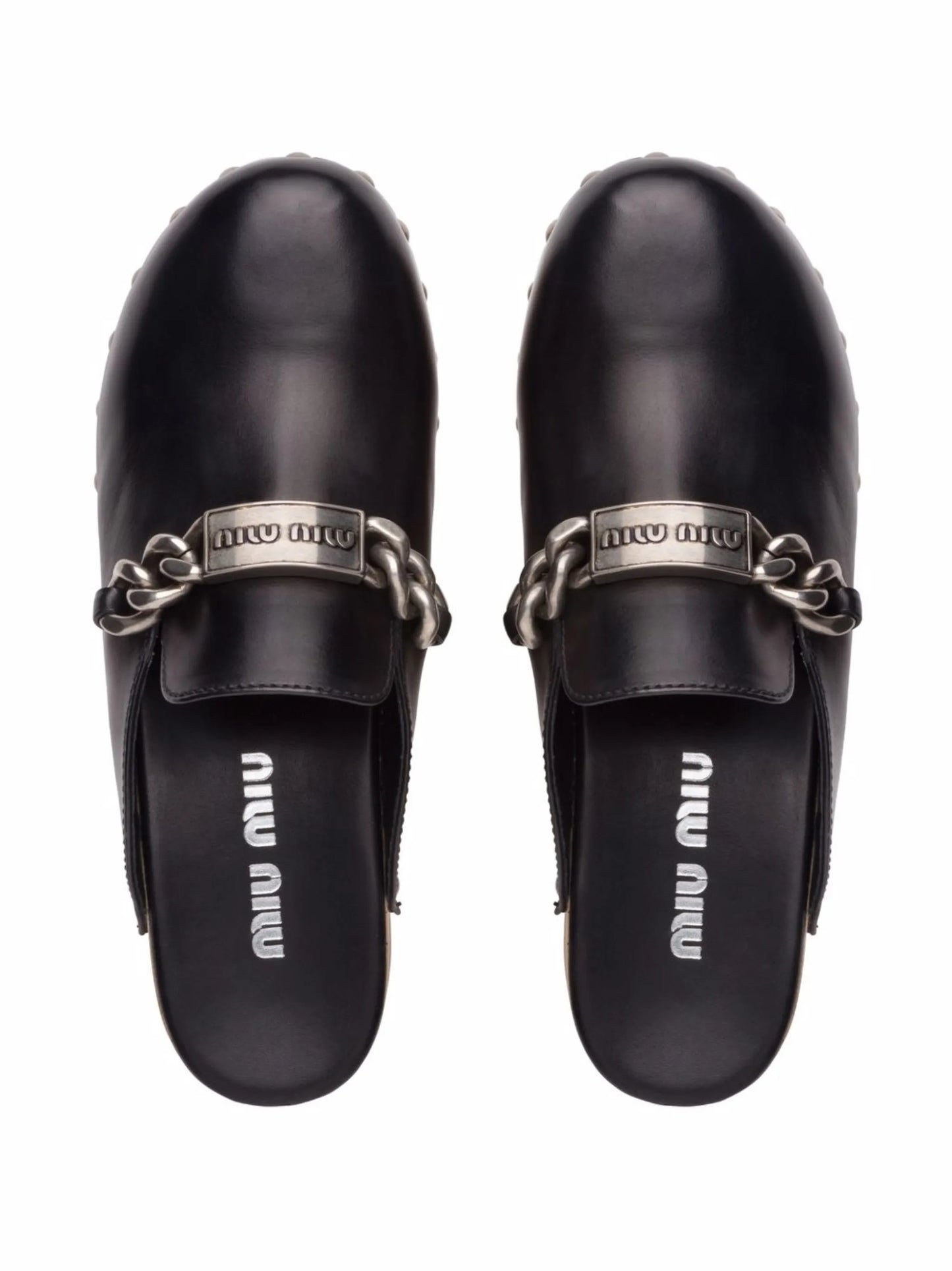 studded chain-strap leather clogs
