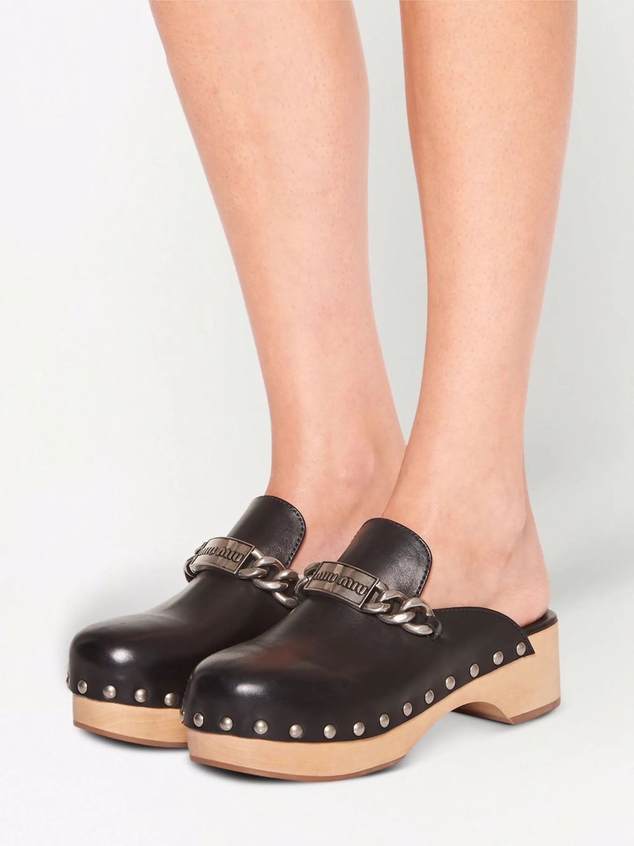 studded chain-strap leather clogs