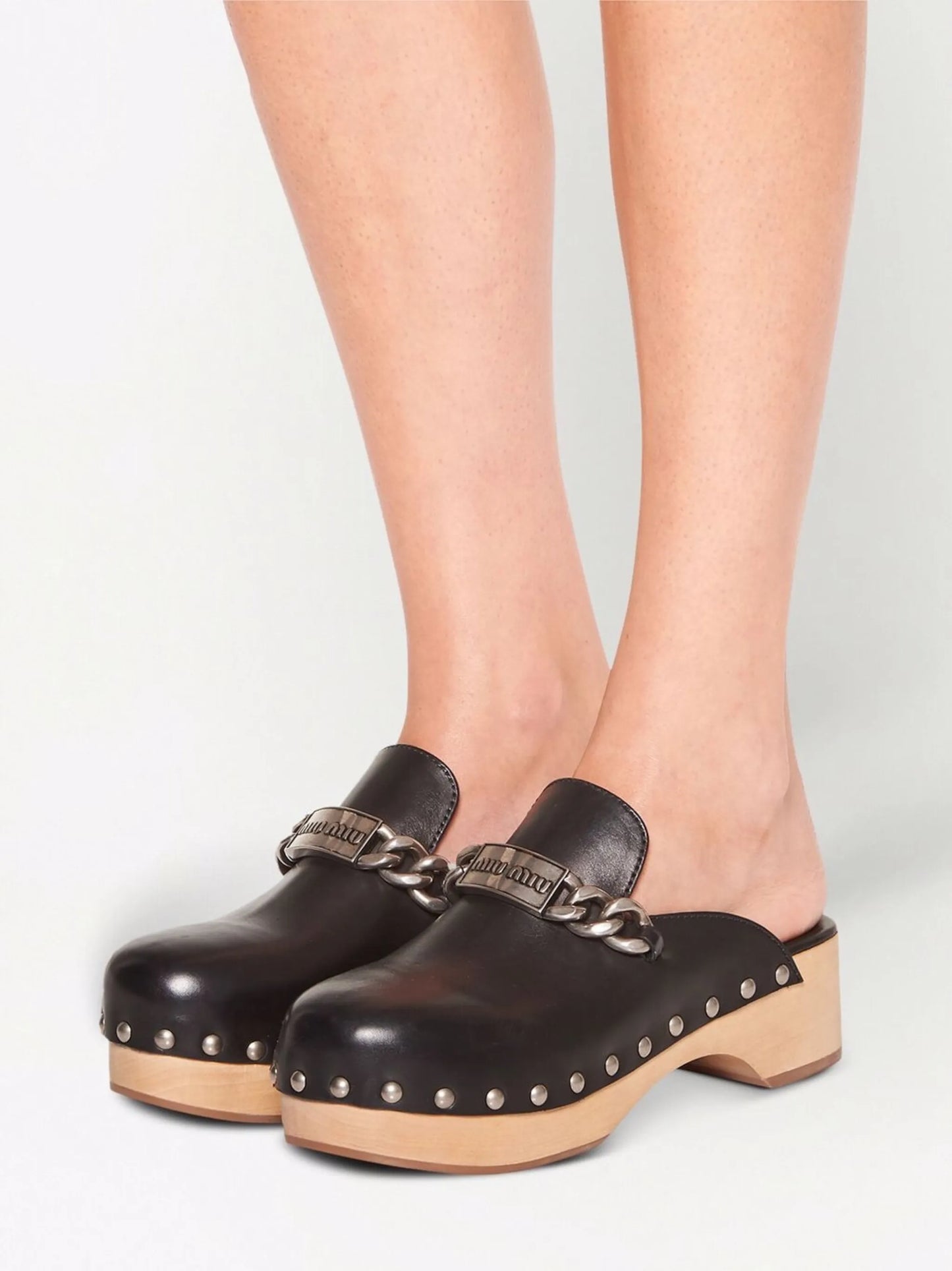 studded chain-strap leather clogs