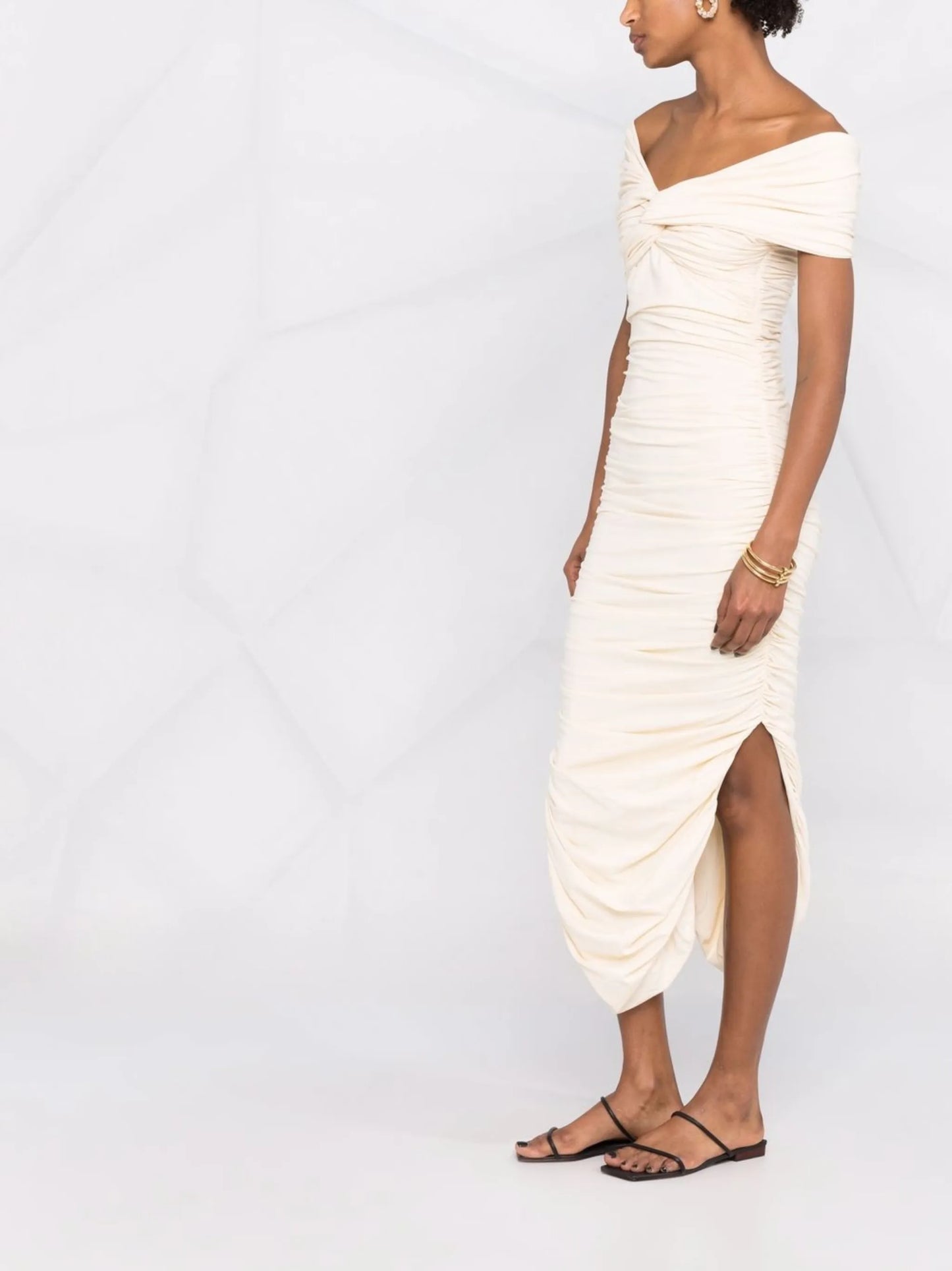 ruched fitted midi dress