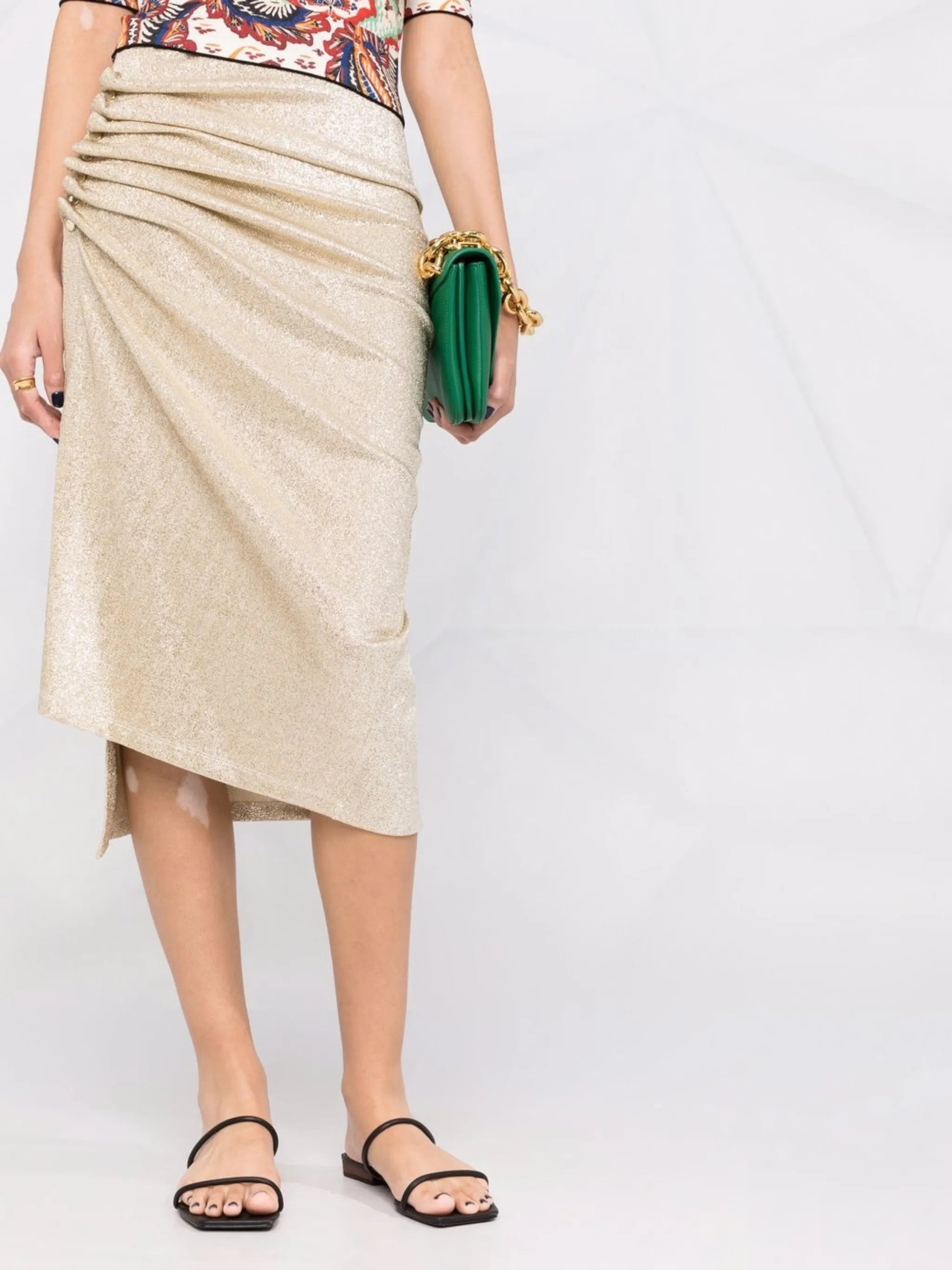 metallic ruched midi skirt