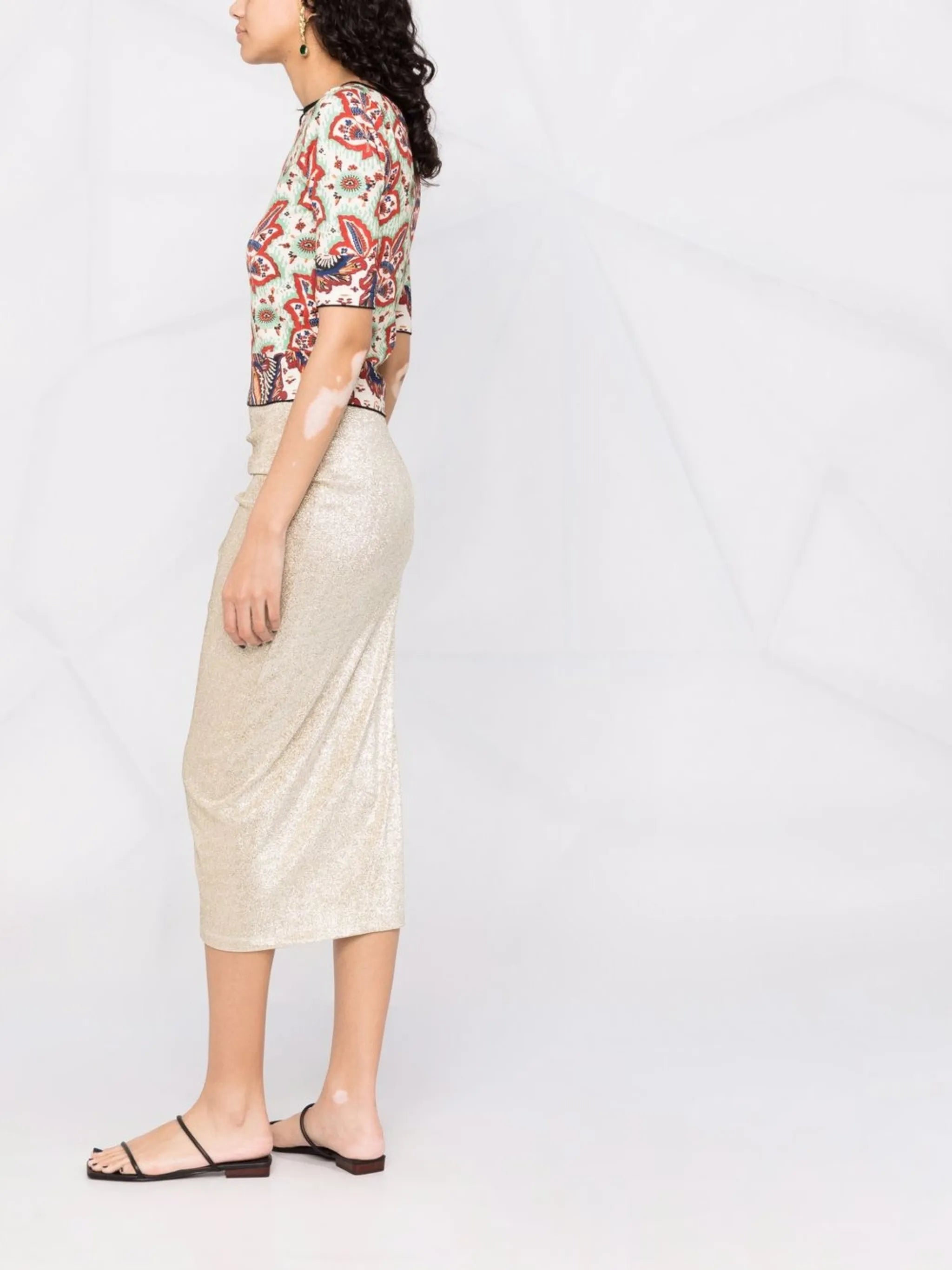 metallic ruched midi skirt