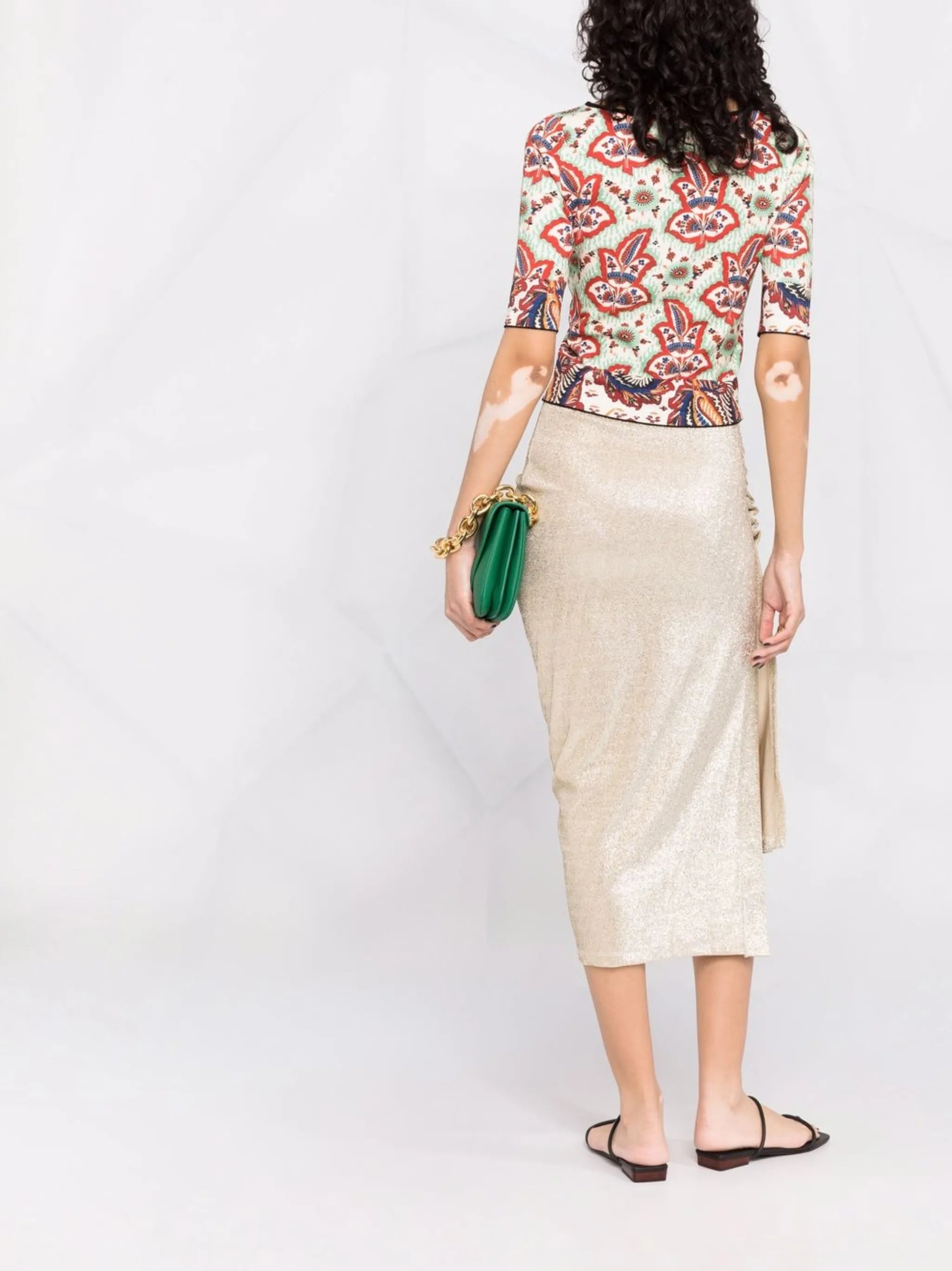metallic ruched midi skirt
