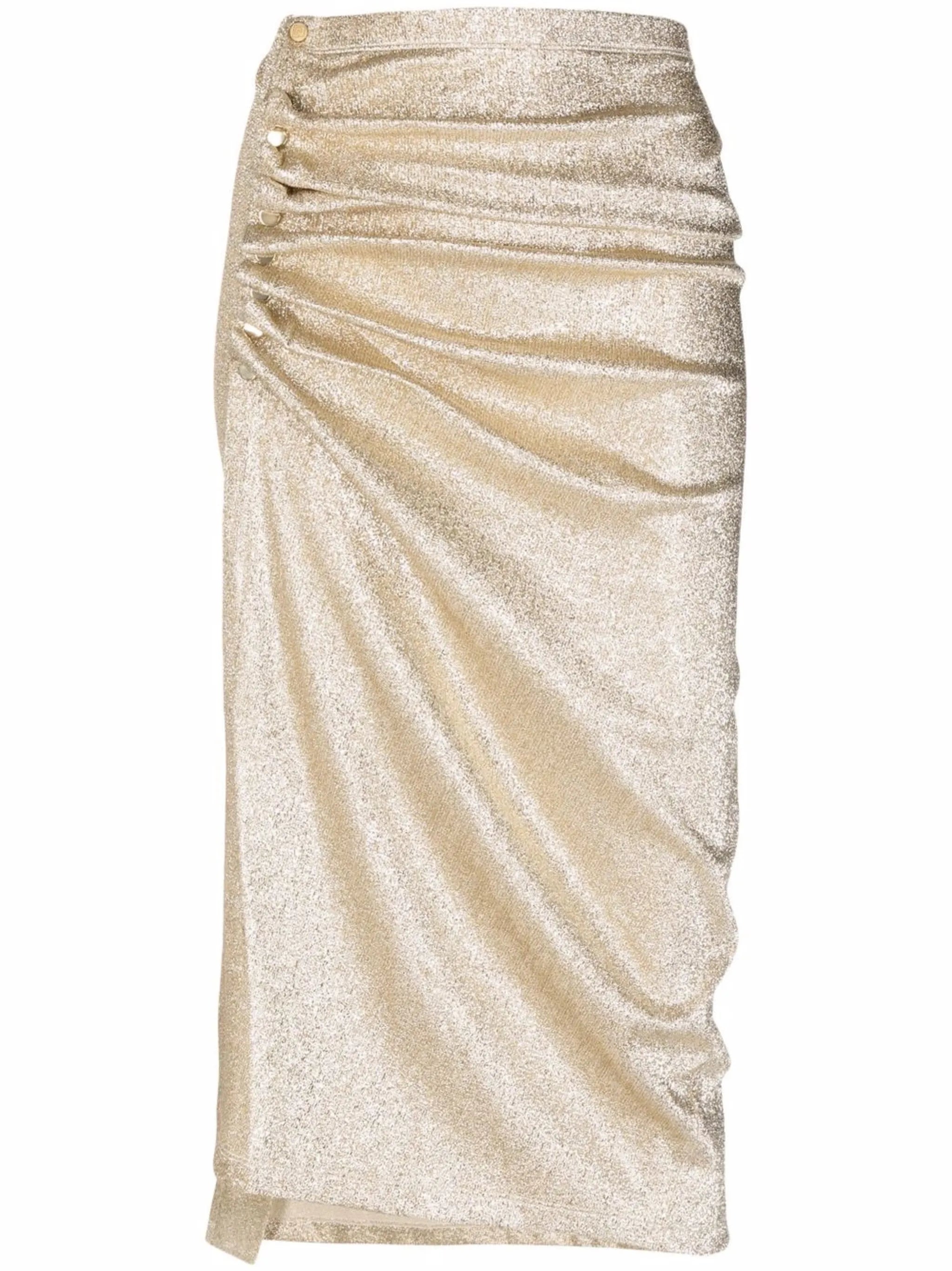 metallic ruched midi skirt
