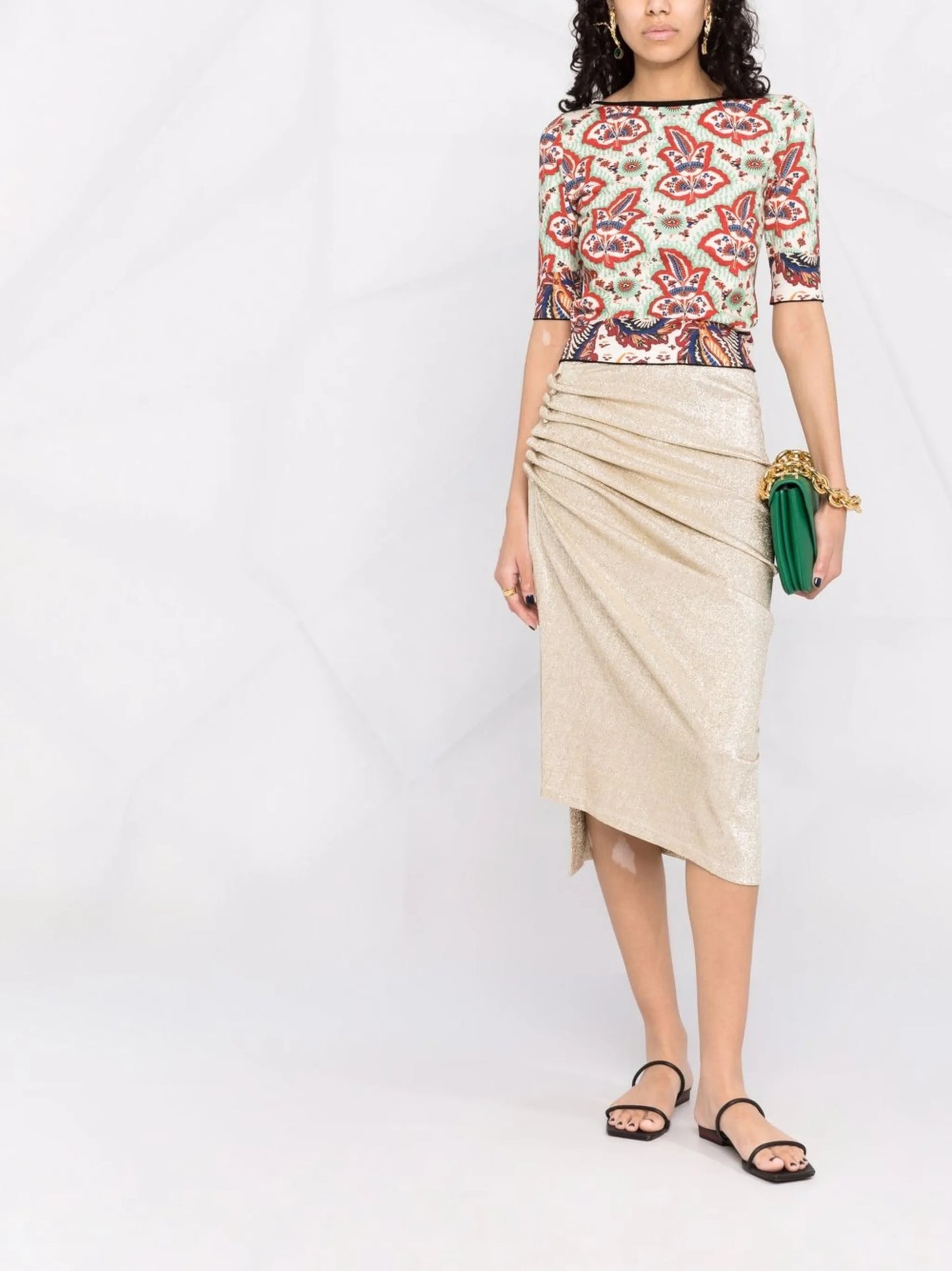 metallic ruched midi skirt