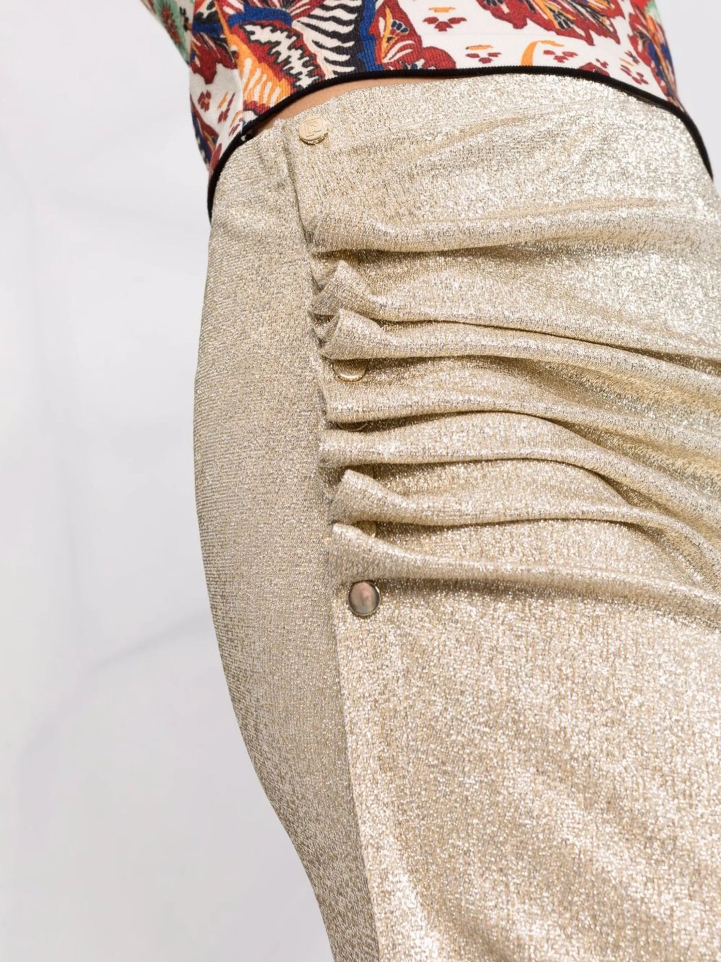 metallic ruched midi skirt