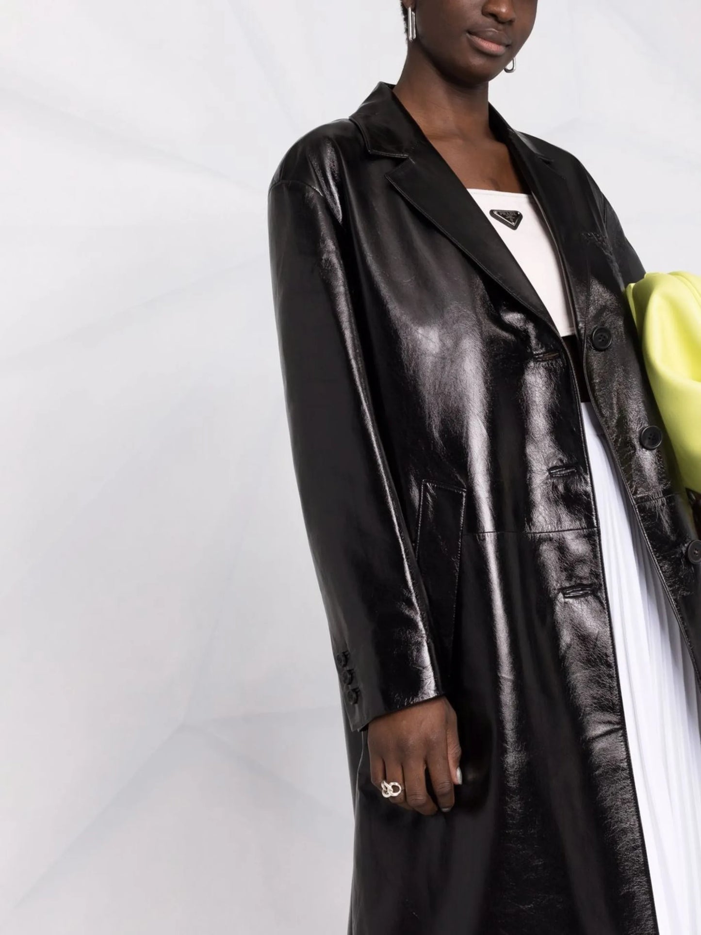 logo embossed leather coat