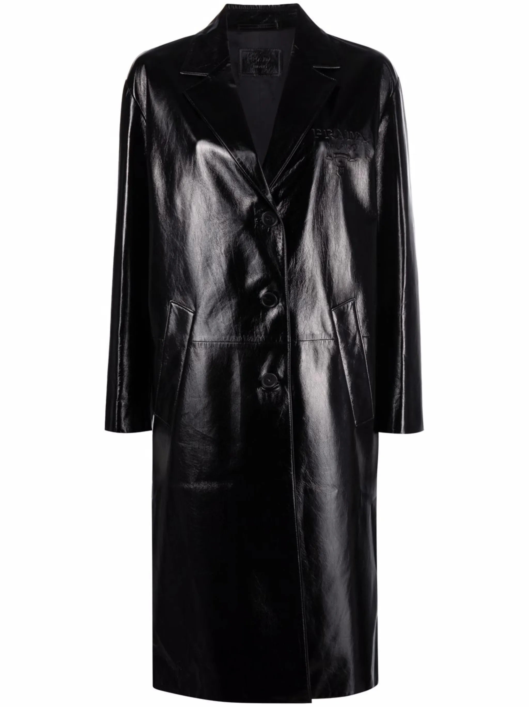 logo embossed leather coat