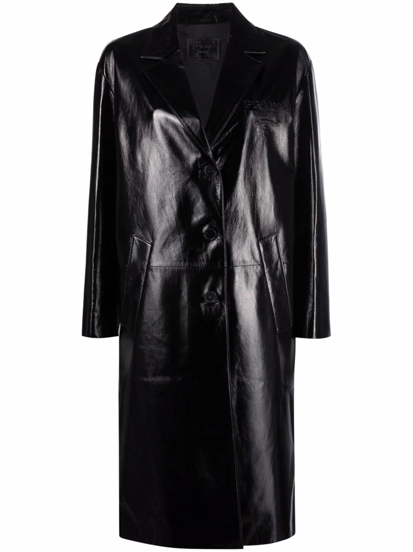 logo embossed leather coat