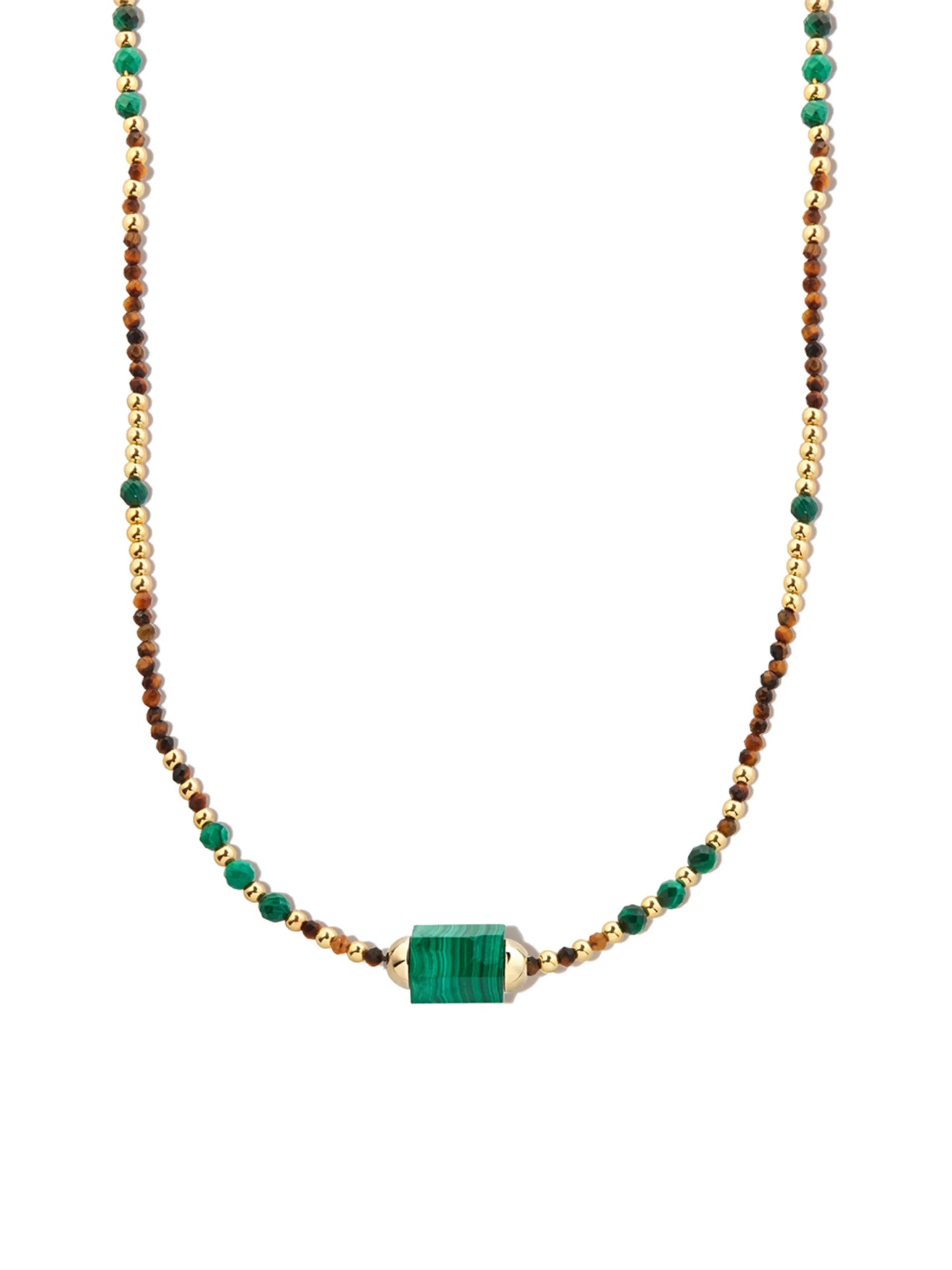 14kt yellow gold Hexagon malachite beaded necklace