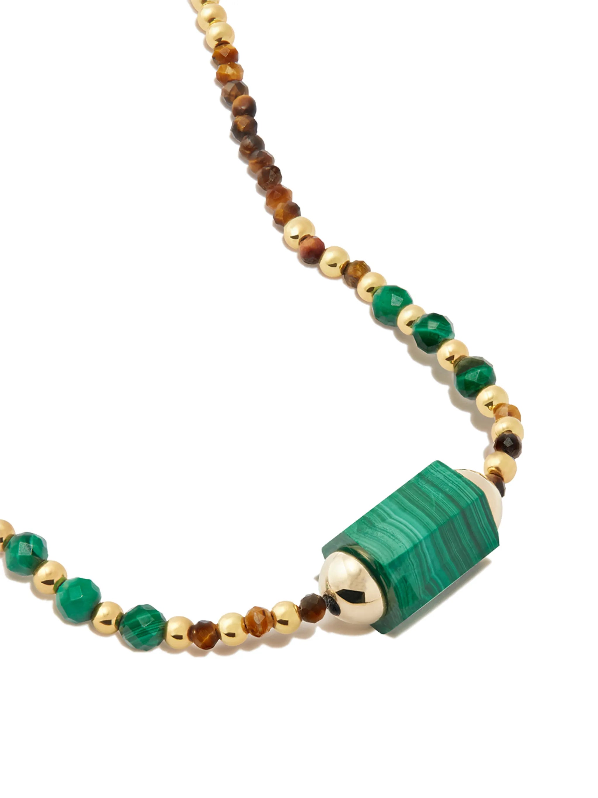 14kt yellow gold Hexagon malachite beaded necklace