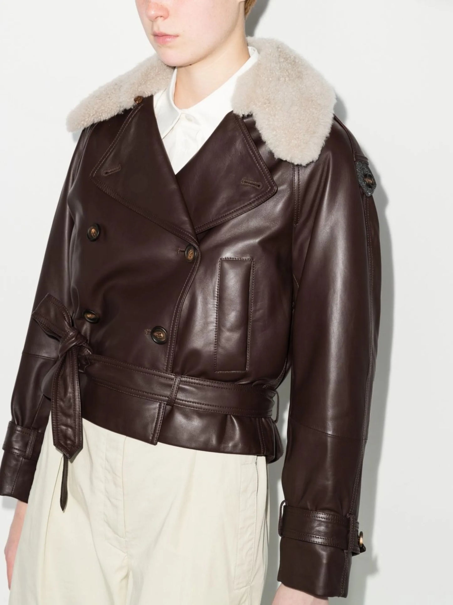 shearling-collar leather jacket