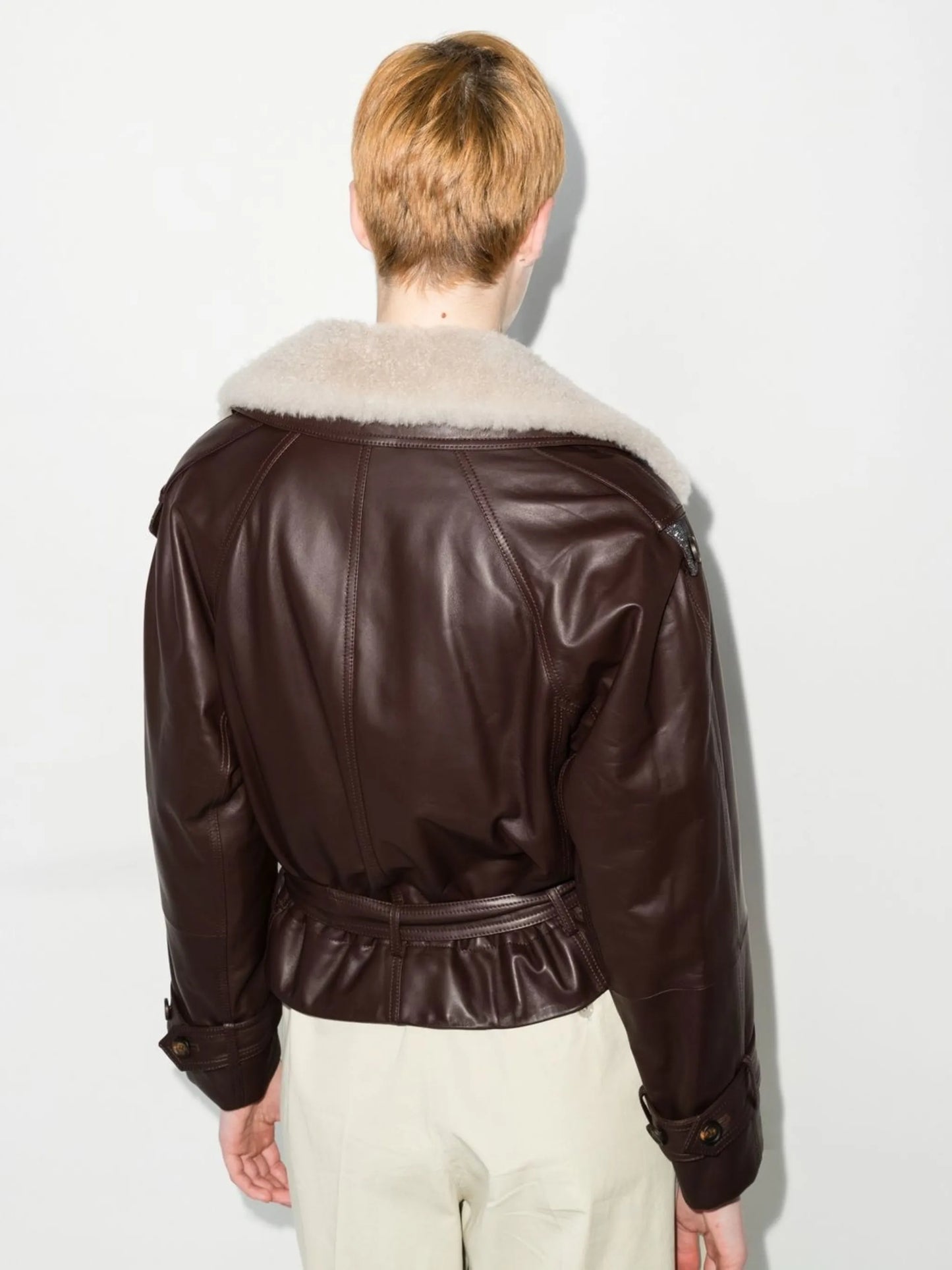 shearling-collar leather jacket