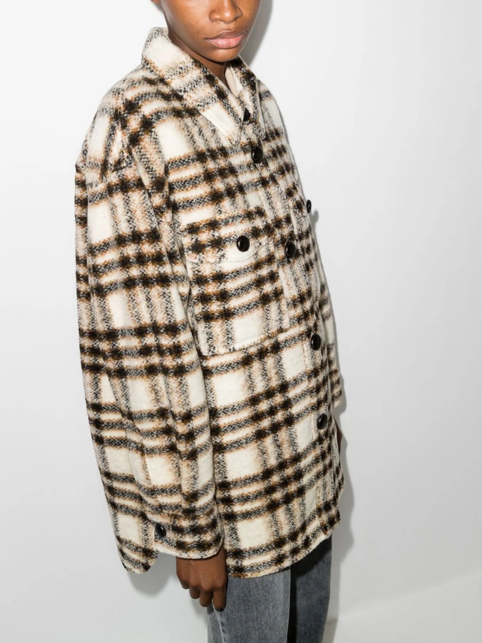 check-pattern single-breasted coat