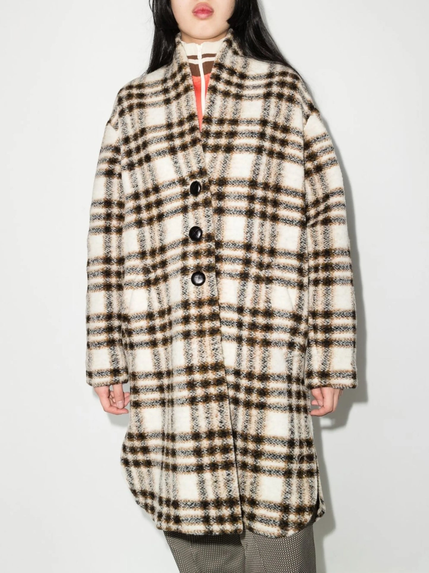 check-pattern single-breasted coat