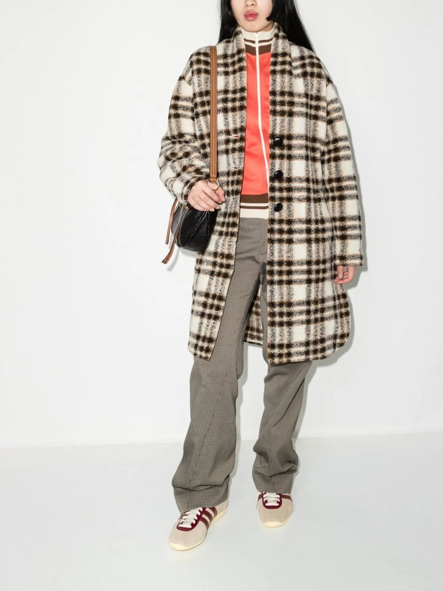 check-pattern single-breasted coat
