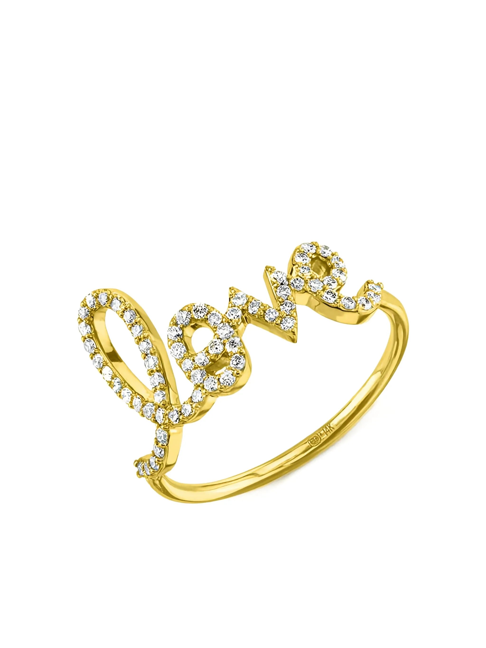 large 14kt yellow gold Love Script diamond ring