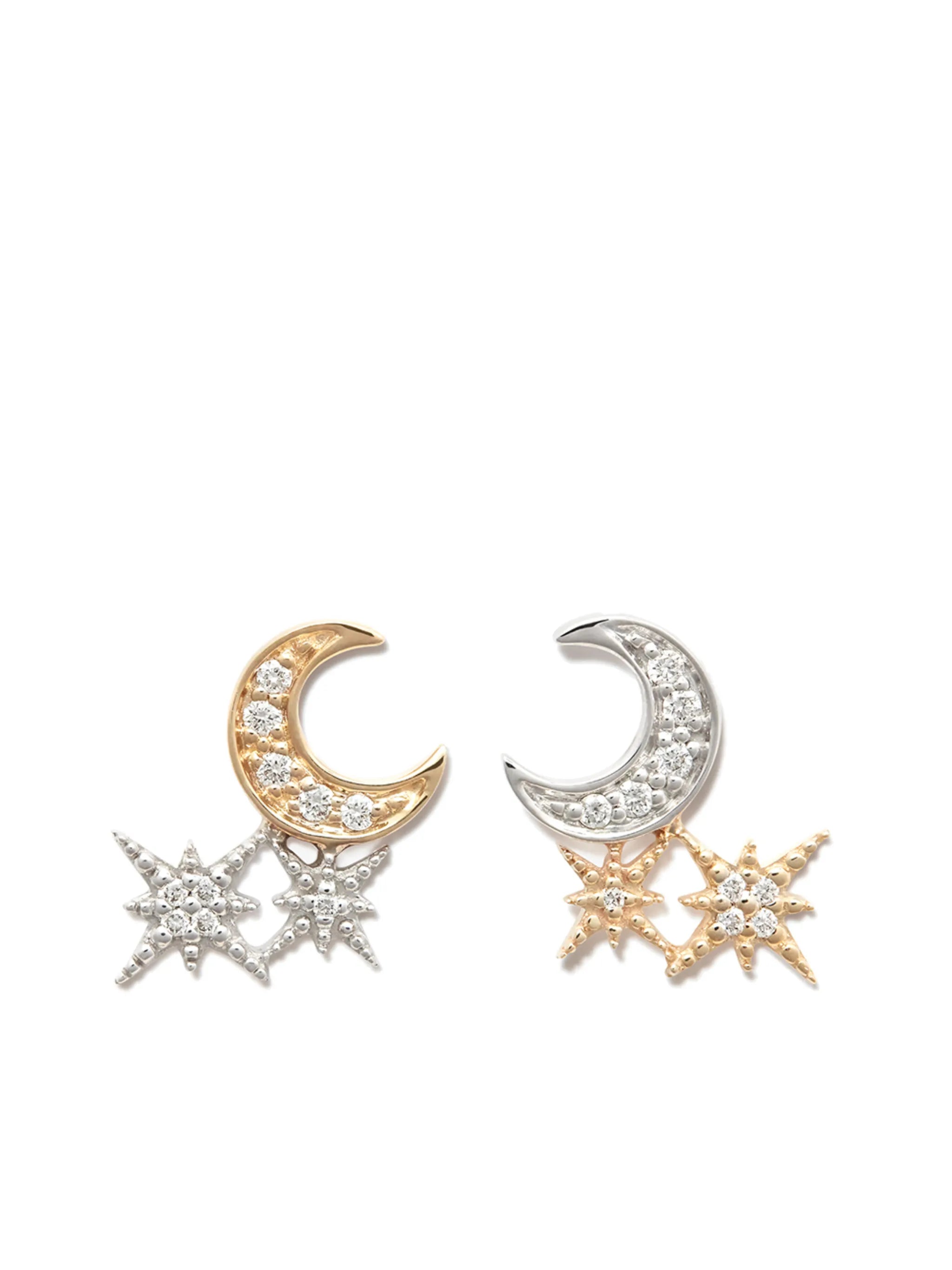 14kt gold Moon and Star diamond stud earrings
