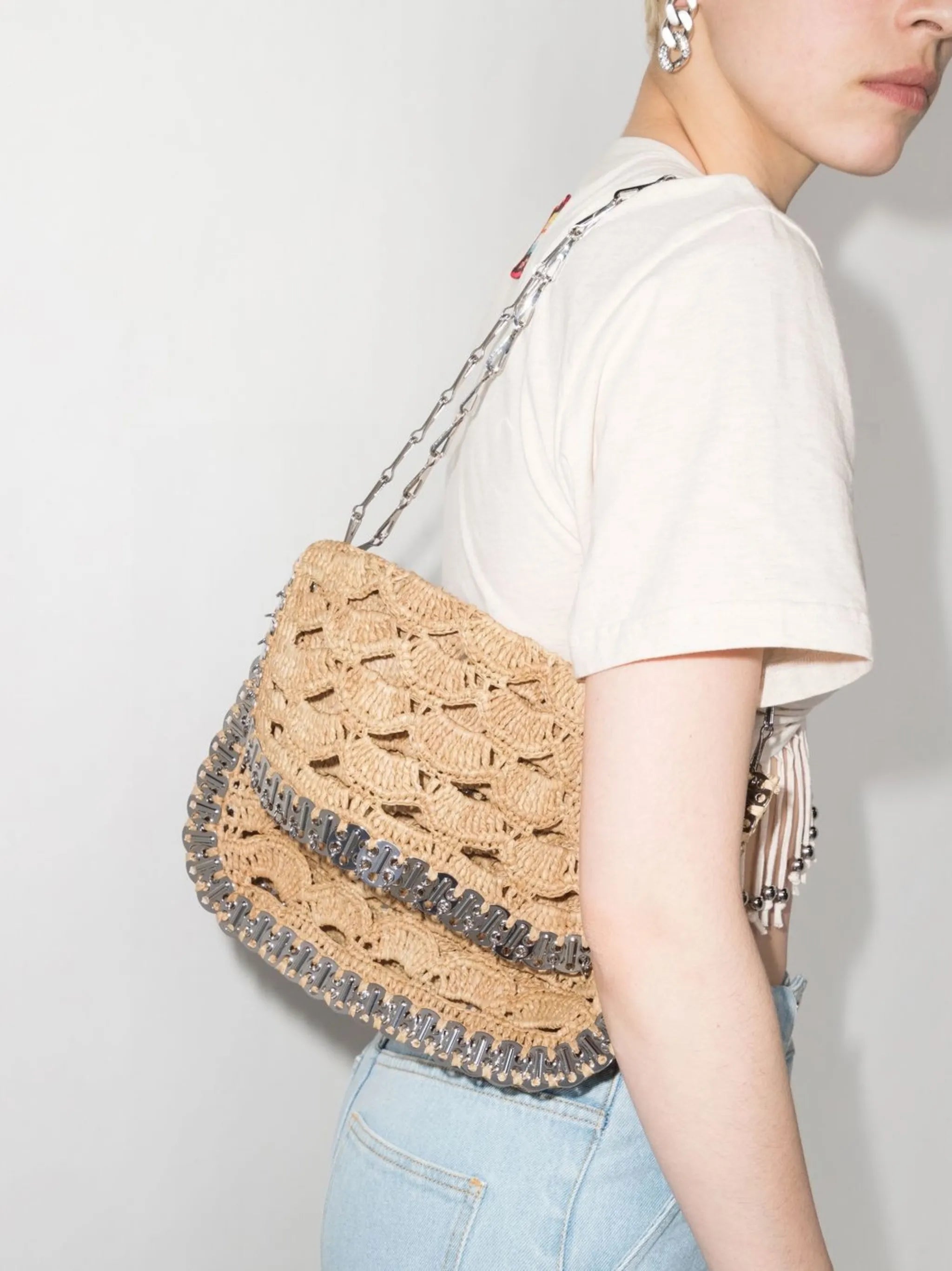 embellished raffia shoulder bag