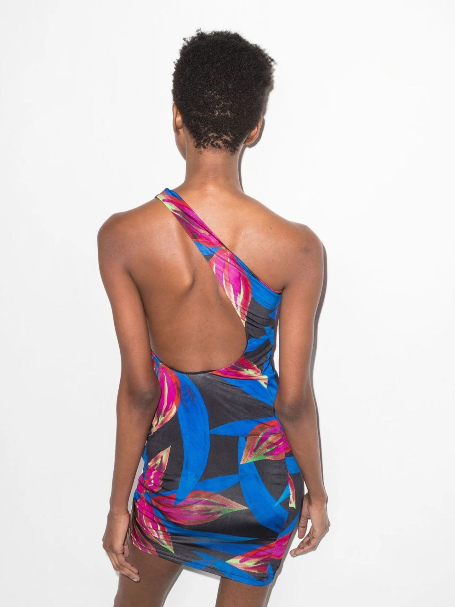one-shoulder floral-print dress
