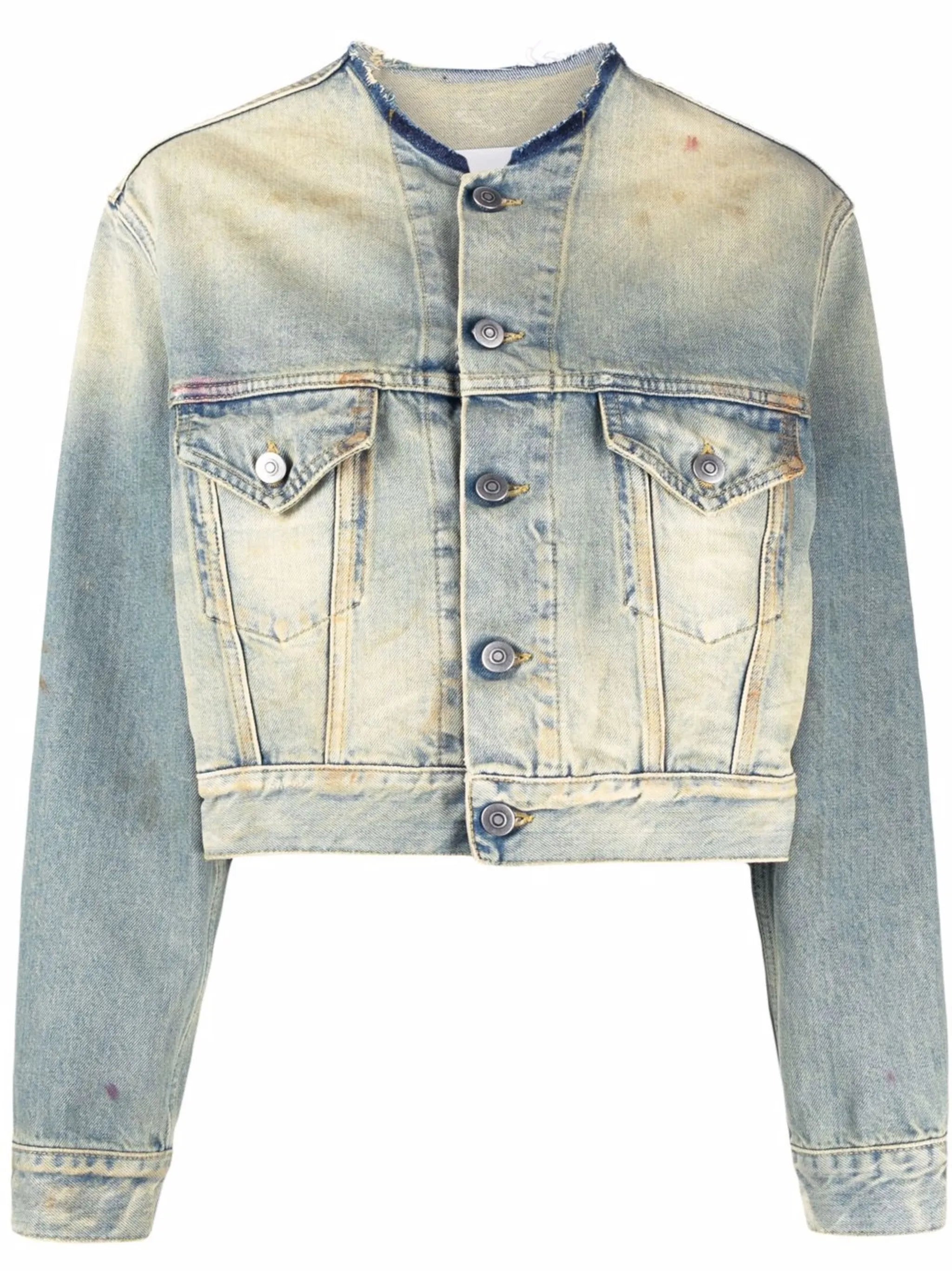 distressed-effect collarless denim jacket
