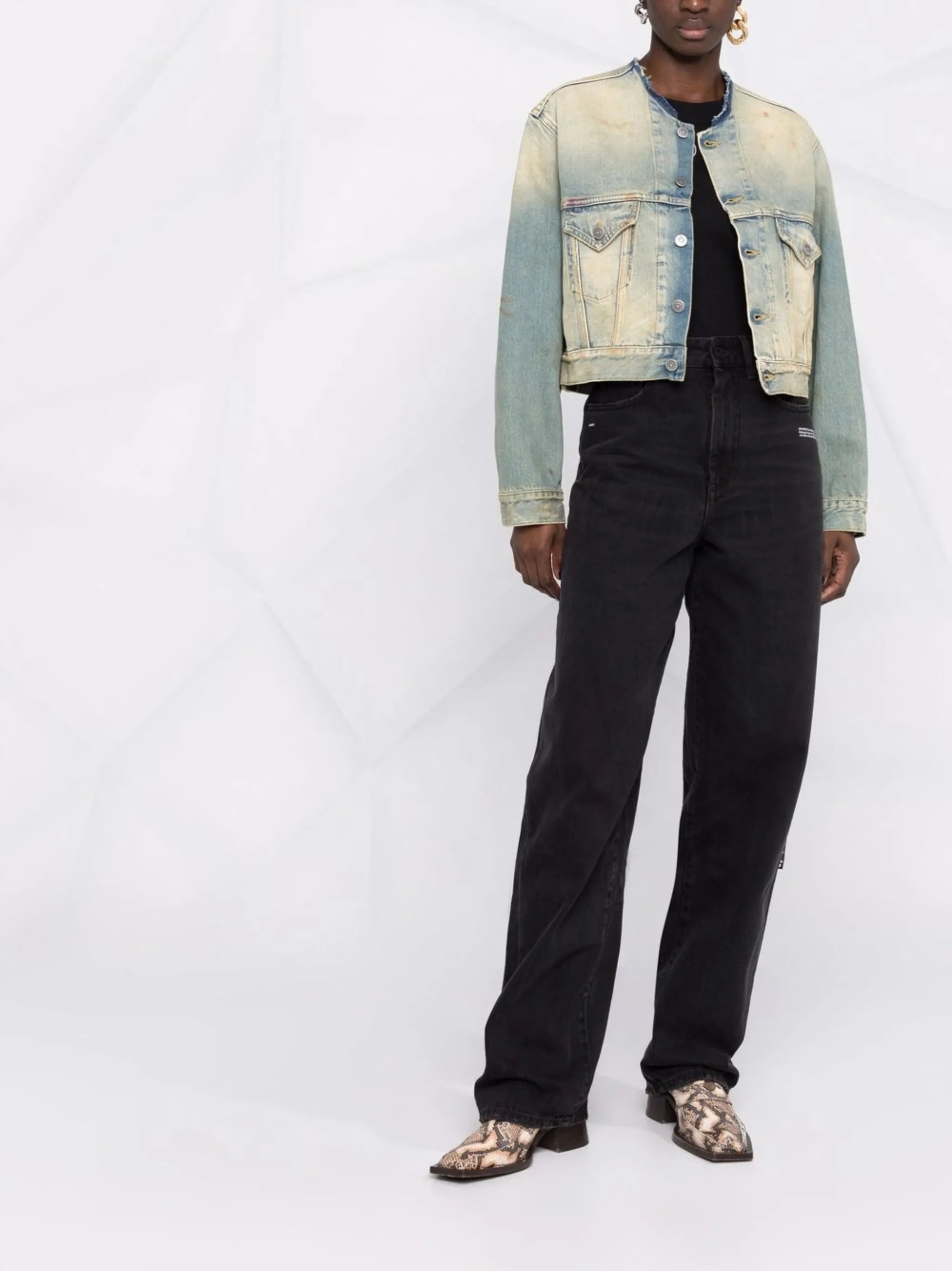 distressed-effect collarless denim jacket