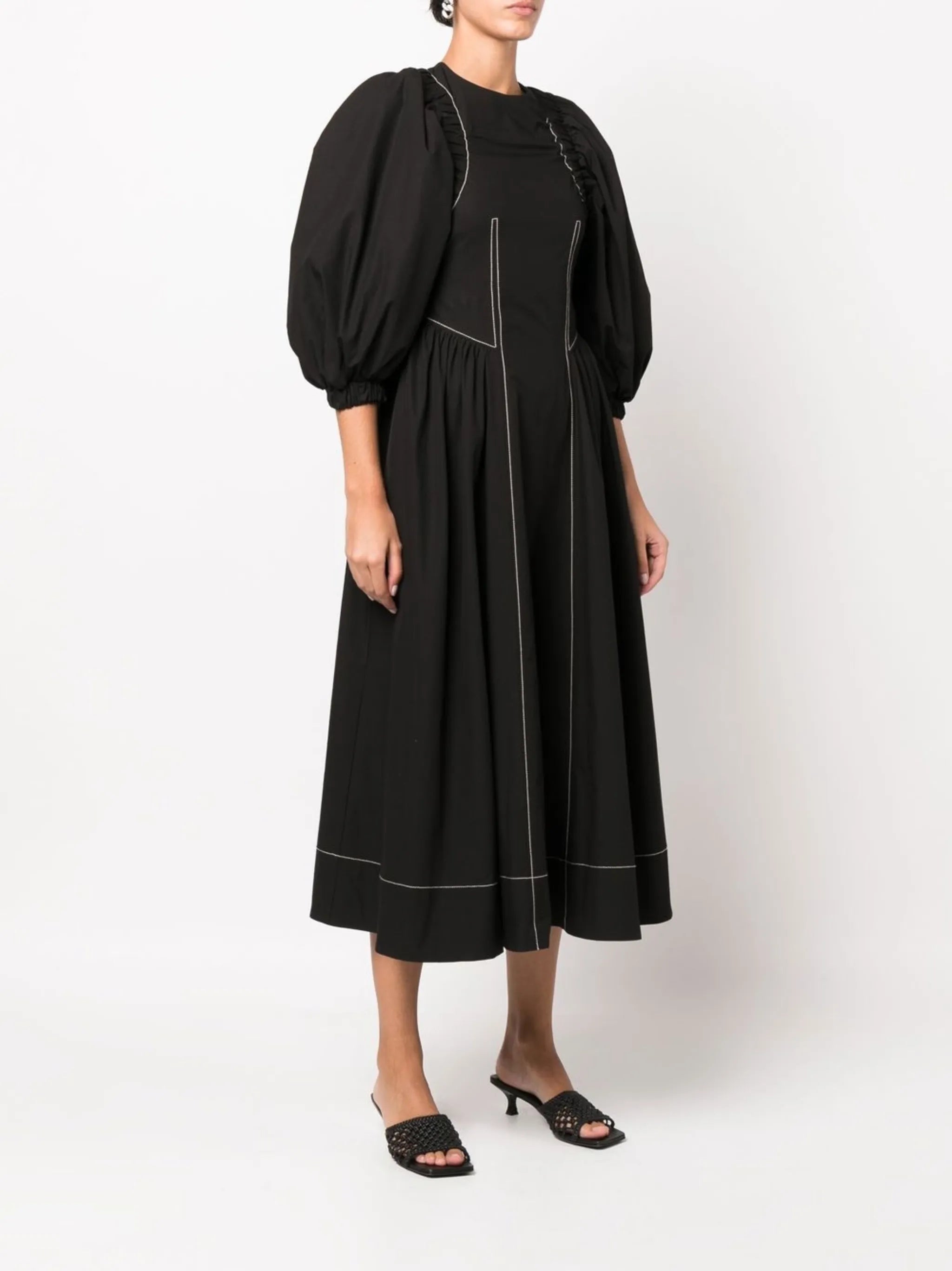 puff-sleeve midi dress