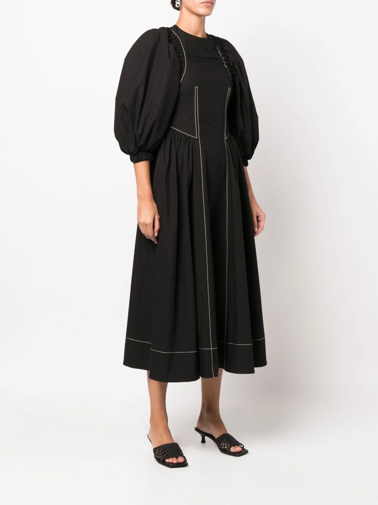 puff-sleeve midi dress