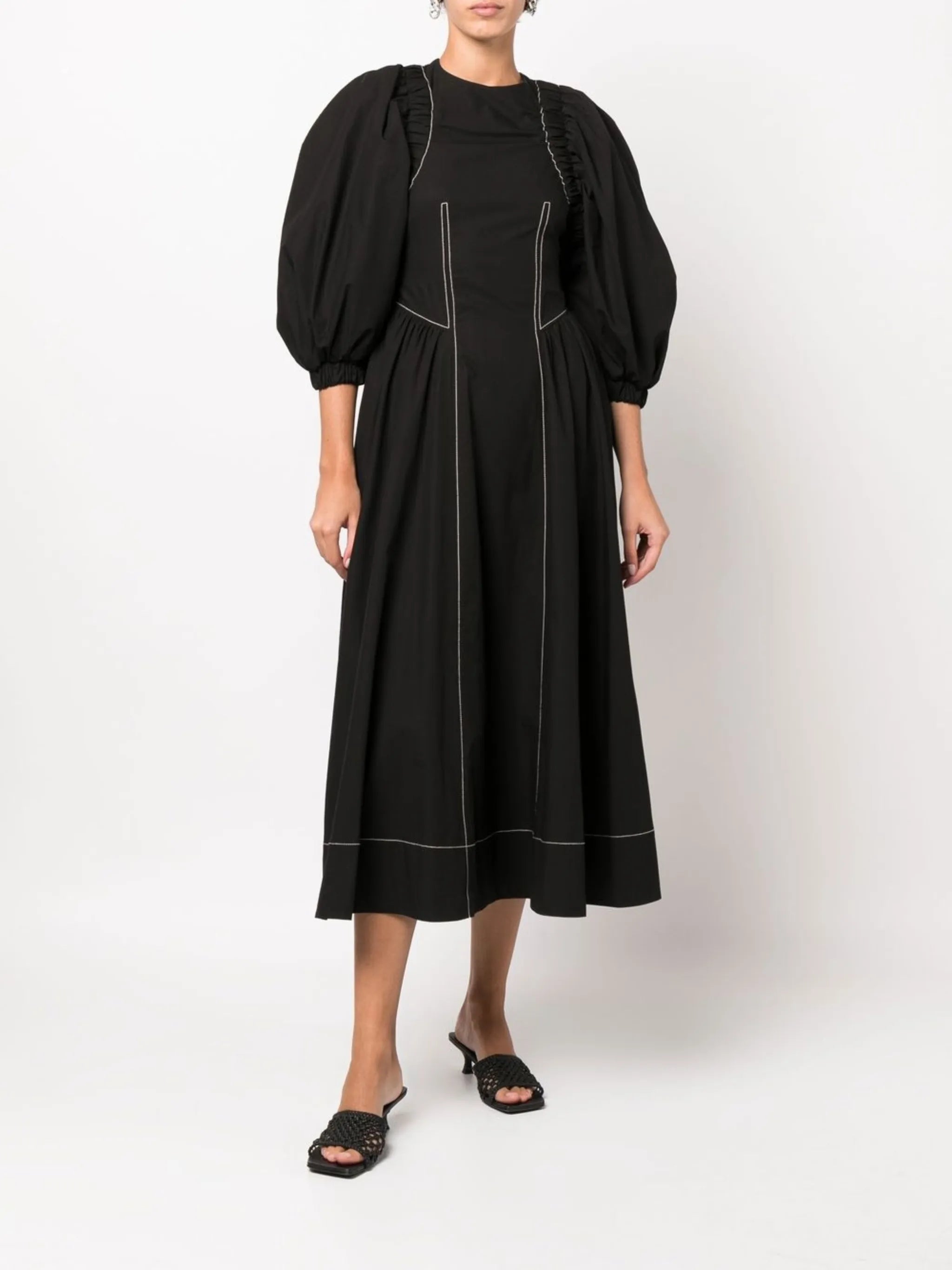 puff-sleeve midi dress