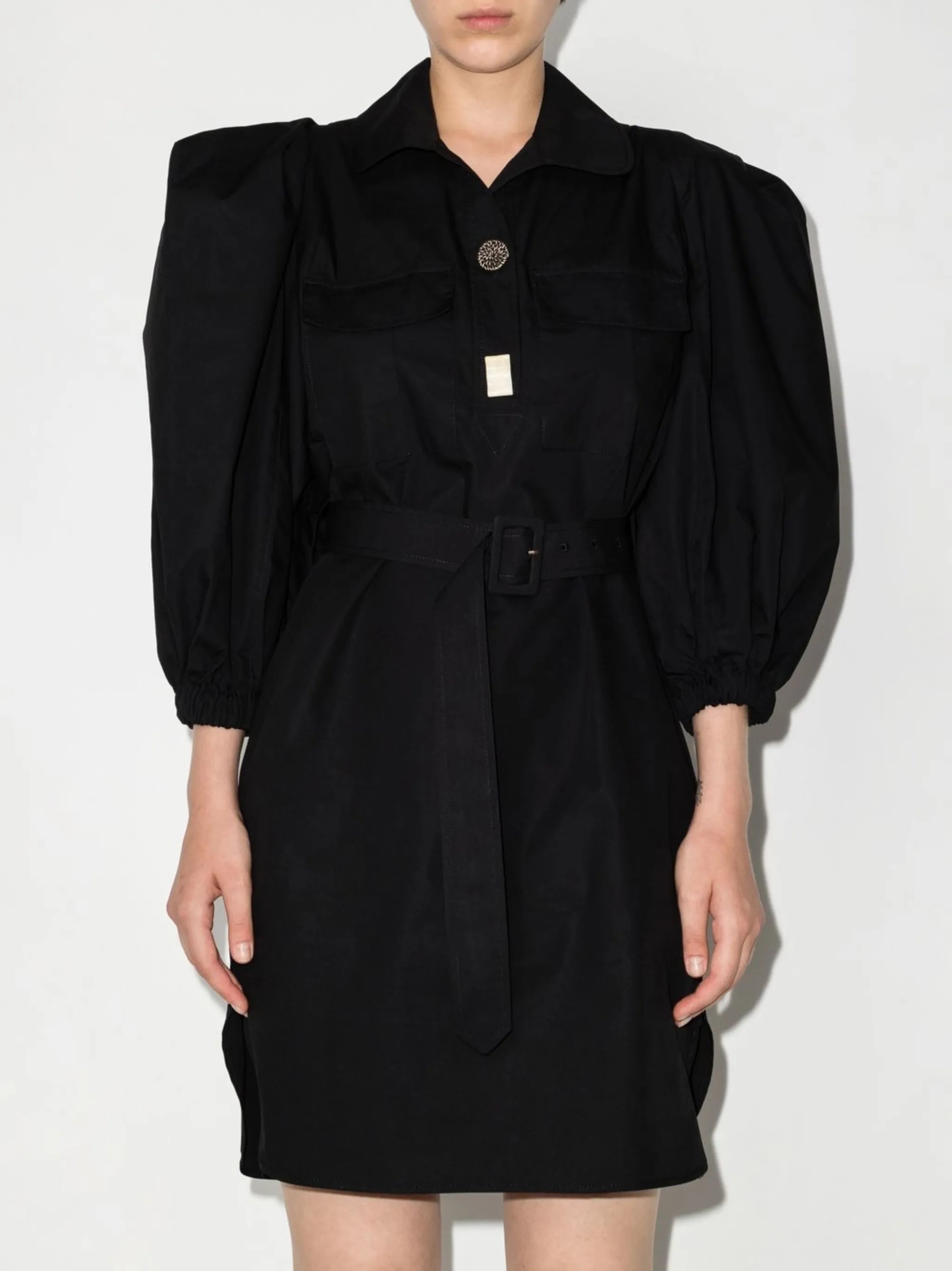 puff-sleeve belted shirtdress