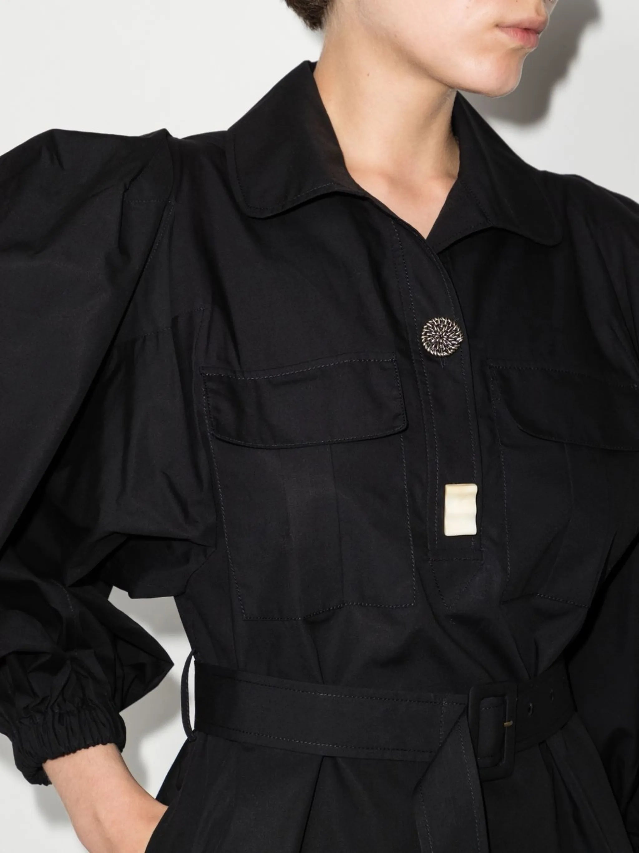 puff-sleeve belted shirtdress