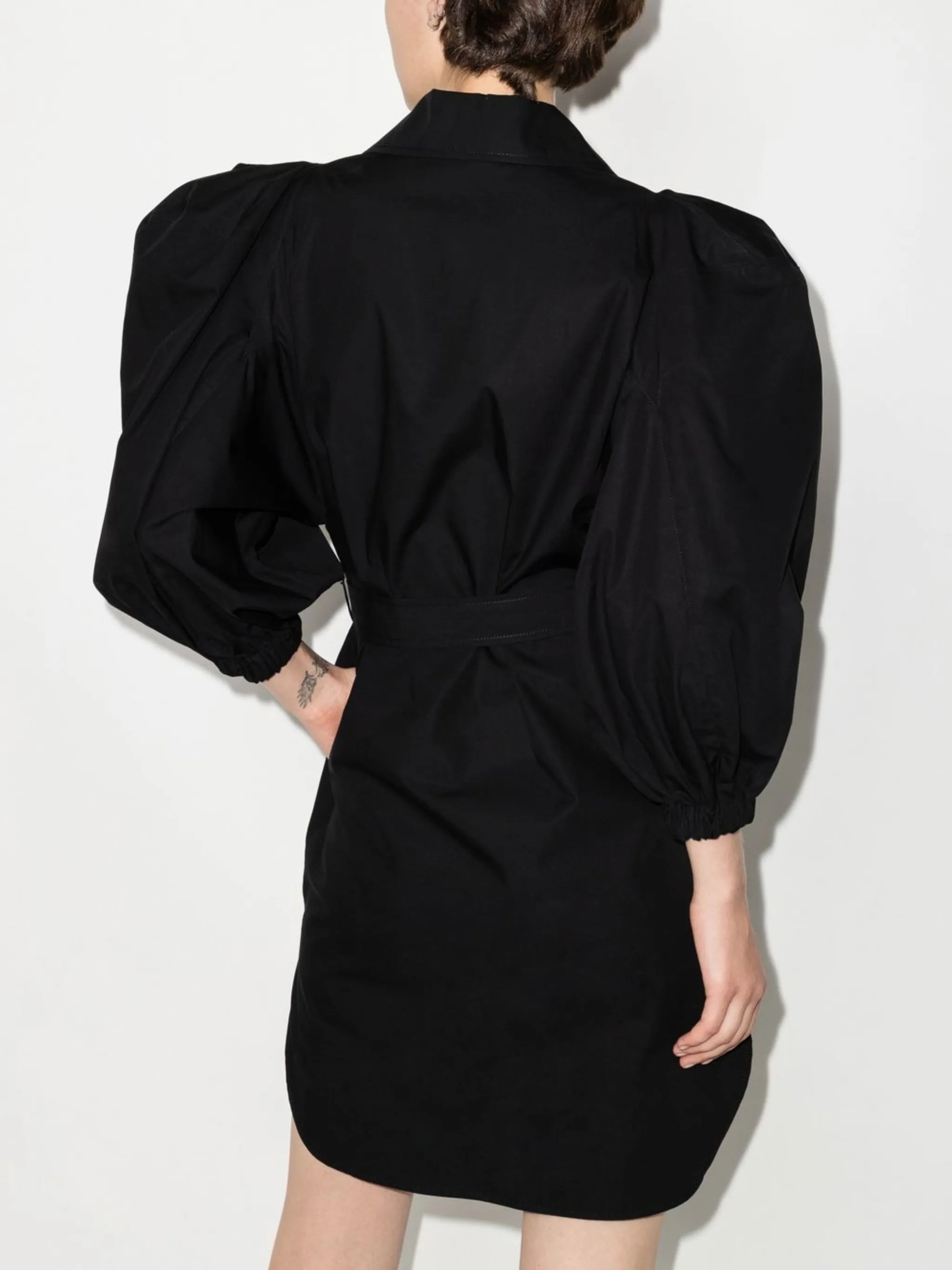 puff-sleeve belted shirtdress