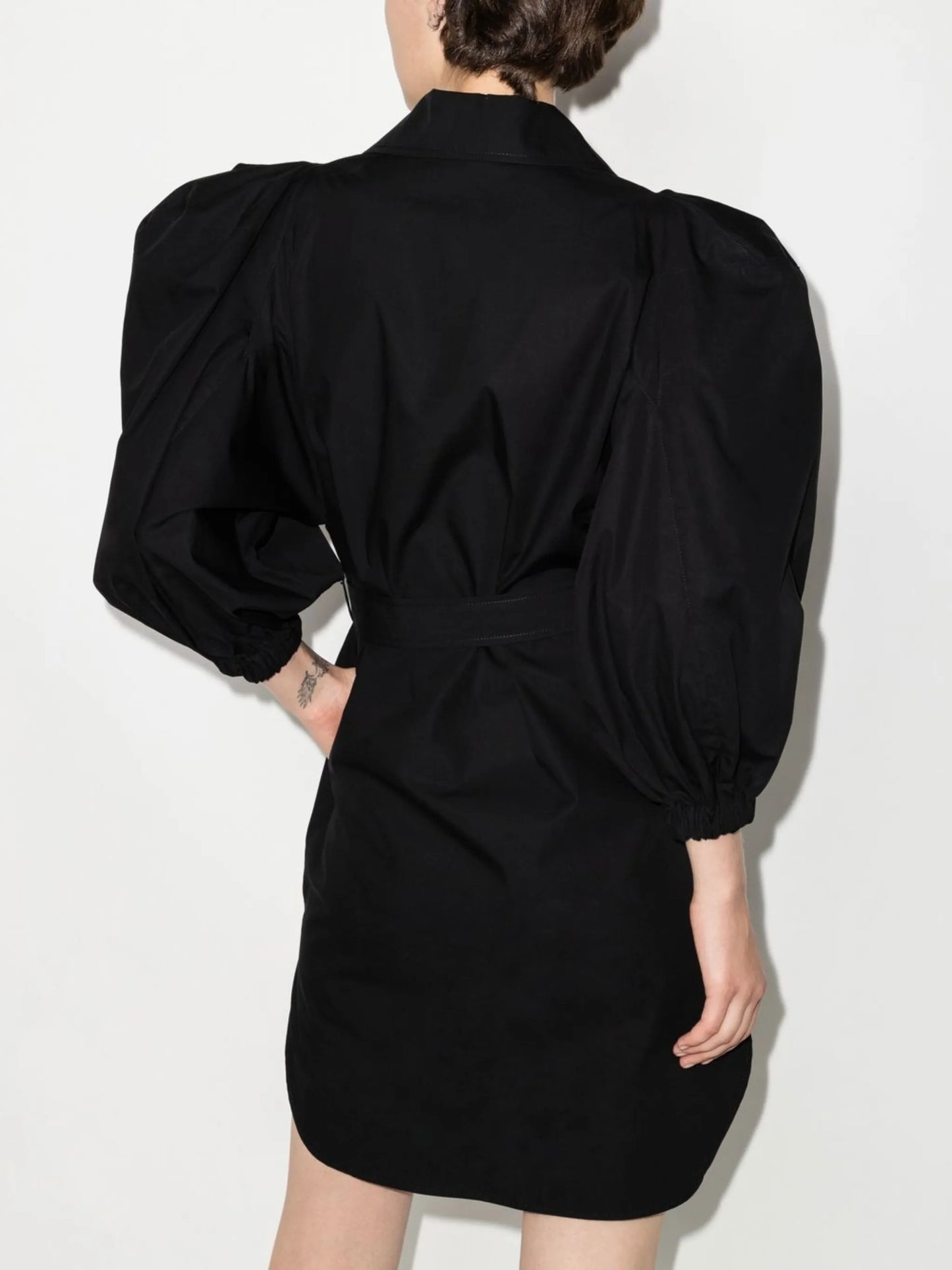 puff-sleeve belted shirtdress