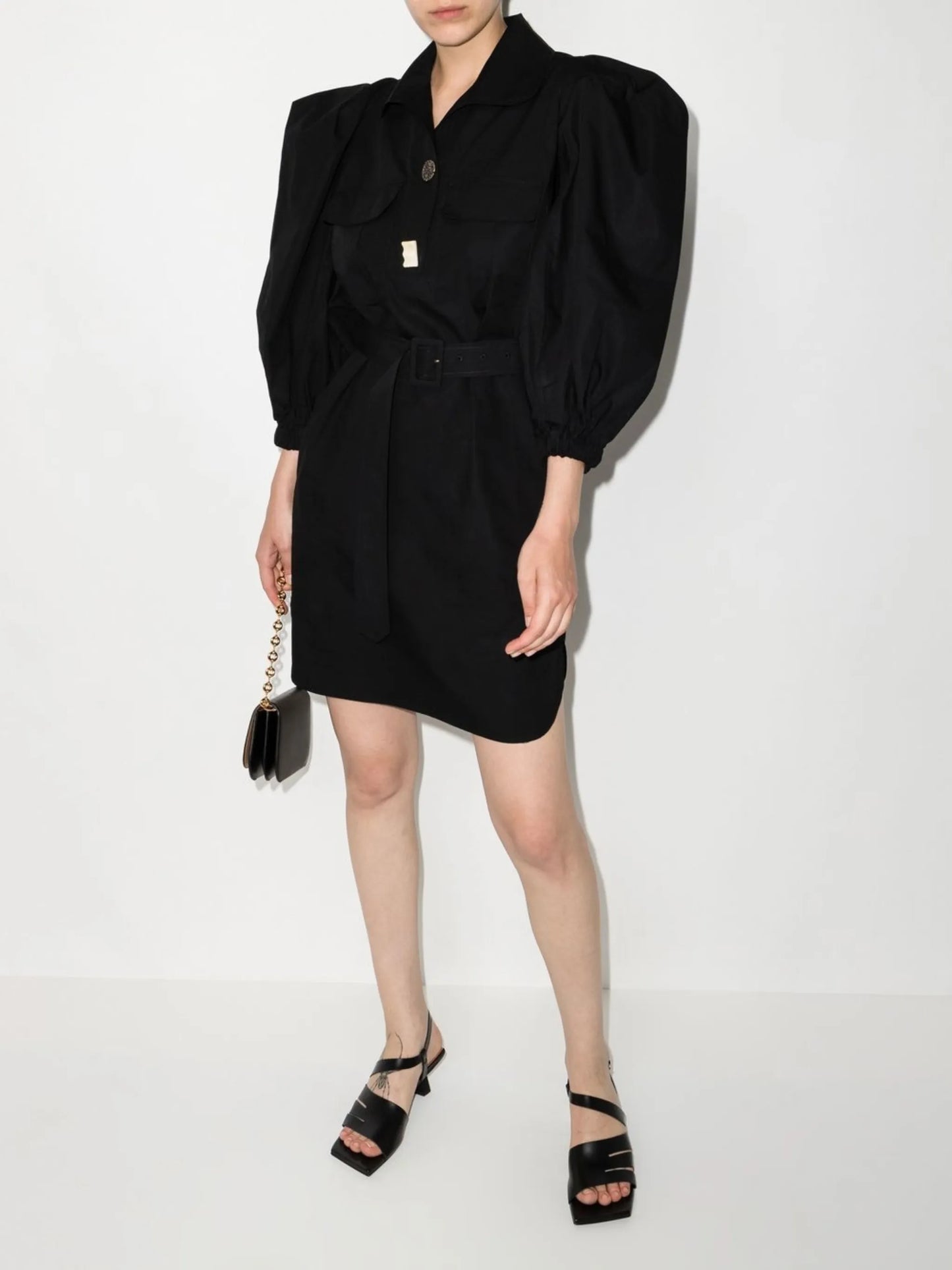 puff-sleeve belted shirtdress