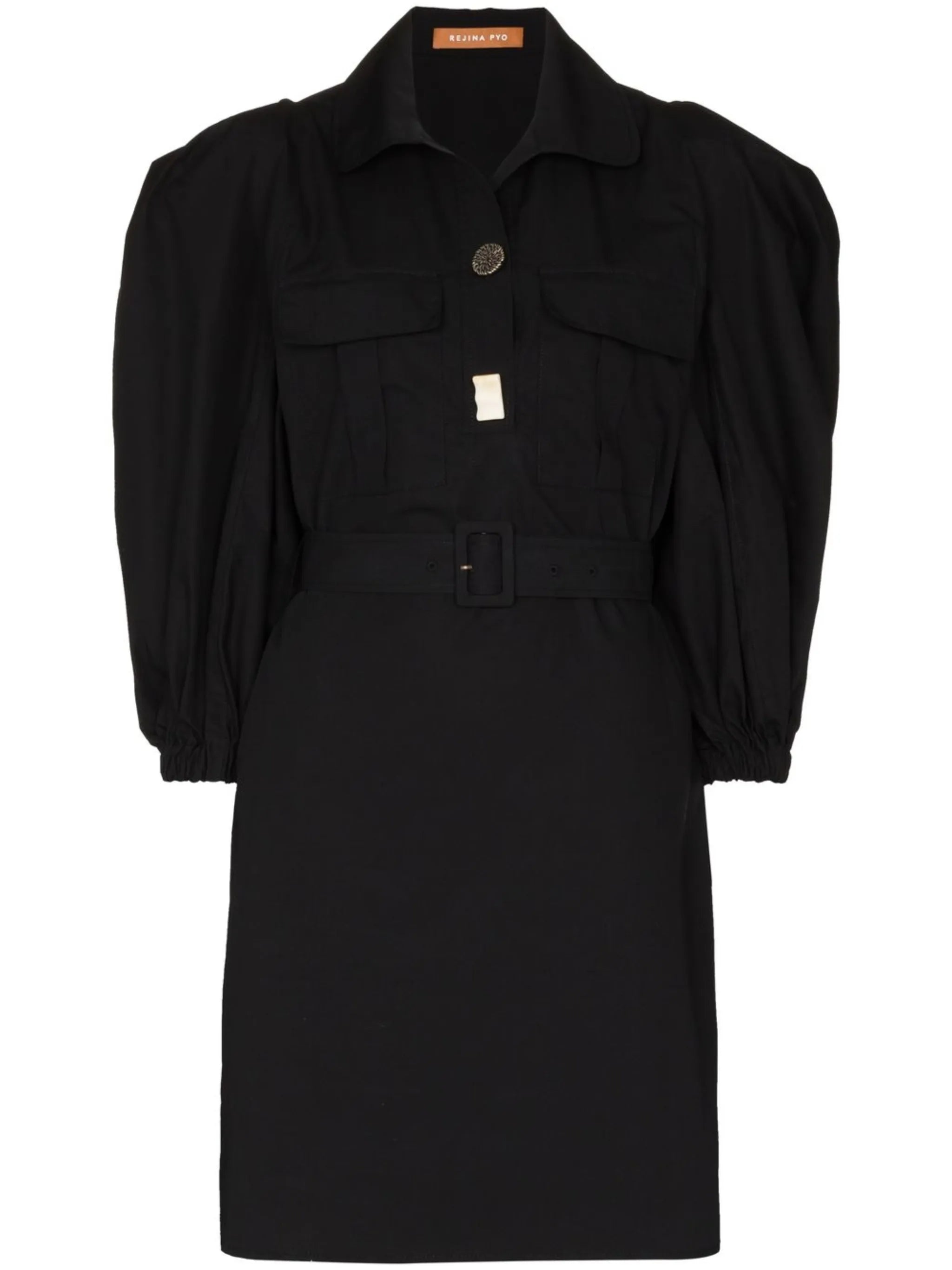 puff-sleeve belted shirtdress