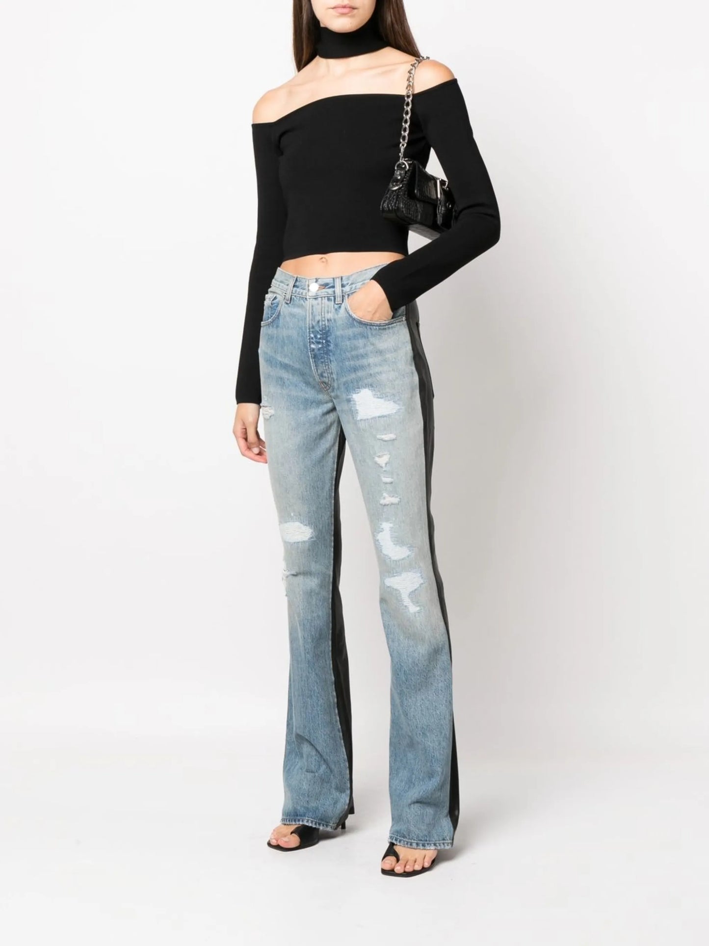 Combo bootleg leather-denim jeans