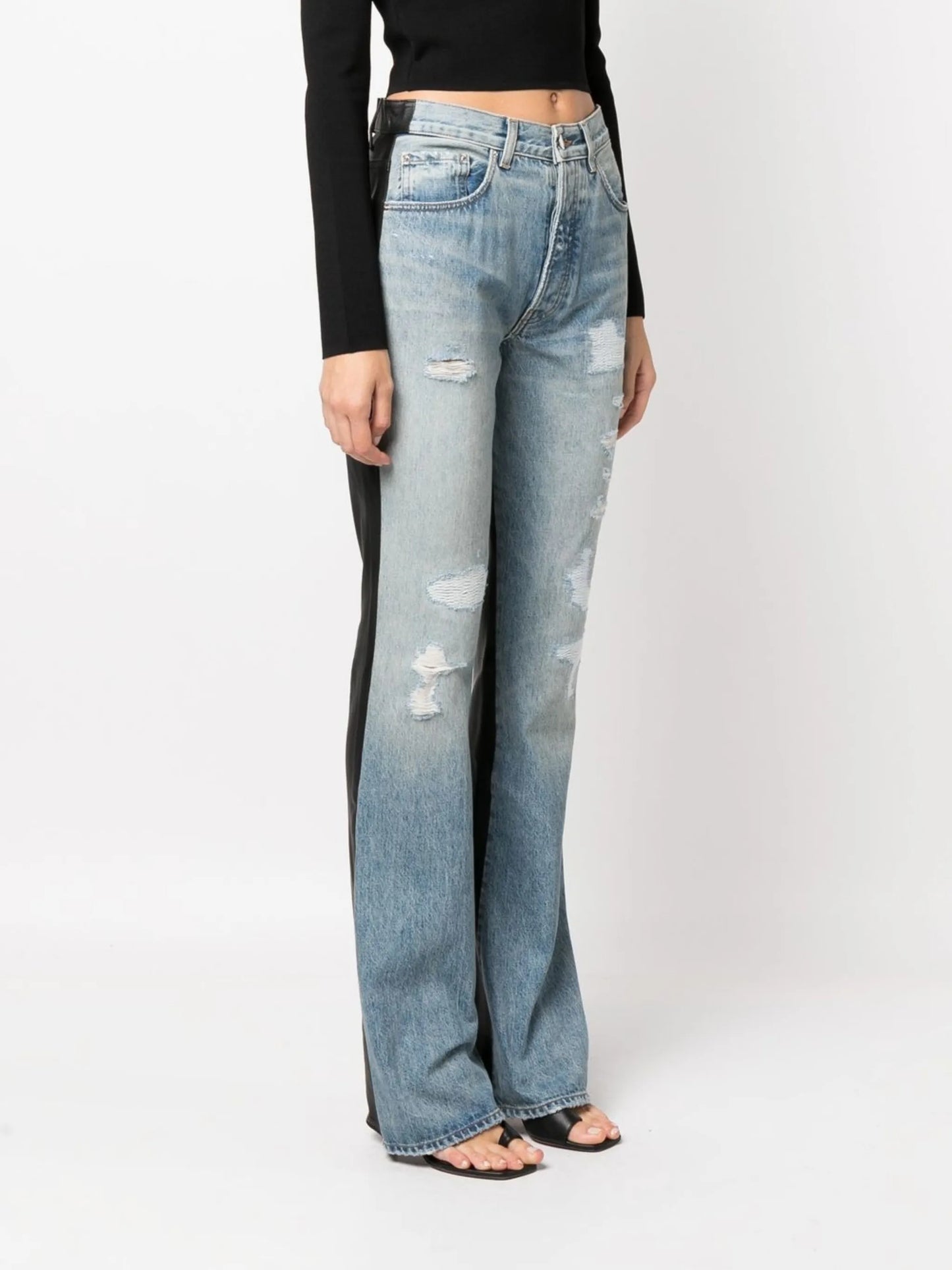Combo bootleg leather-denim jeans