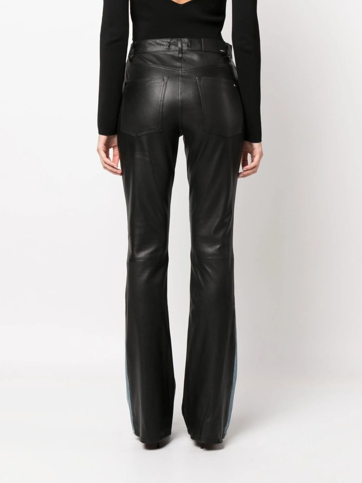 Combo bootleg leather-denim jeans