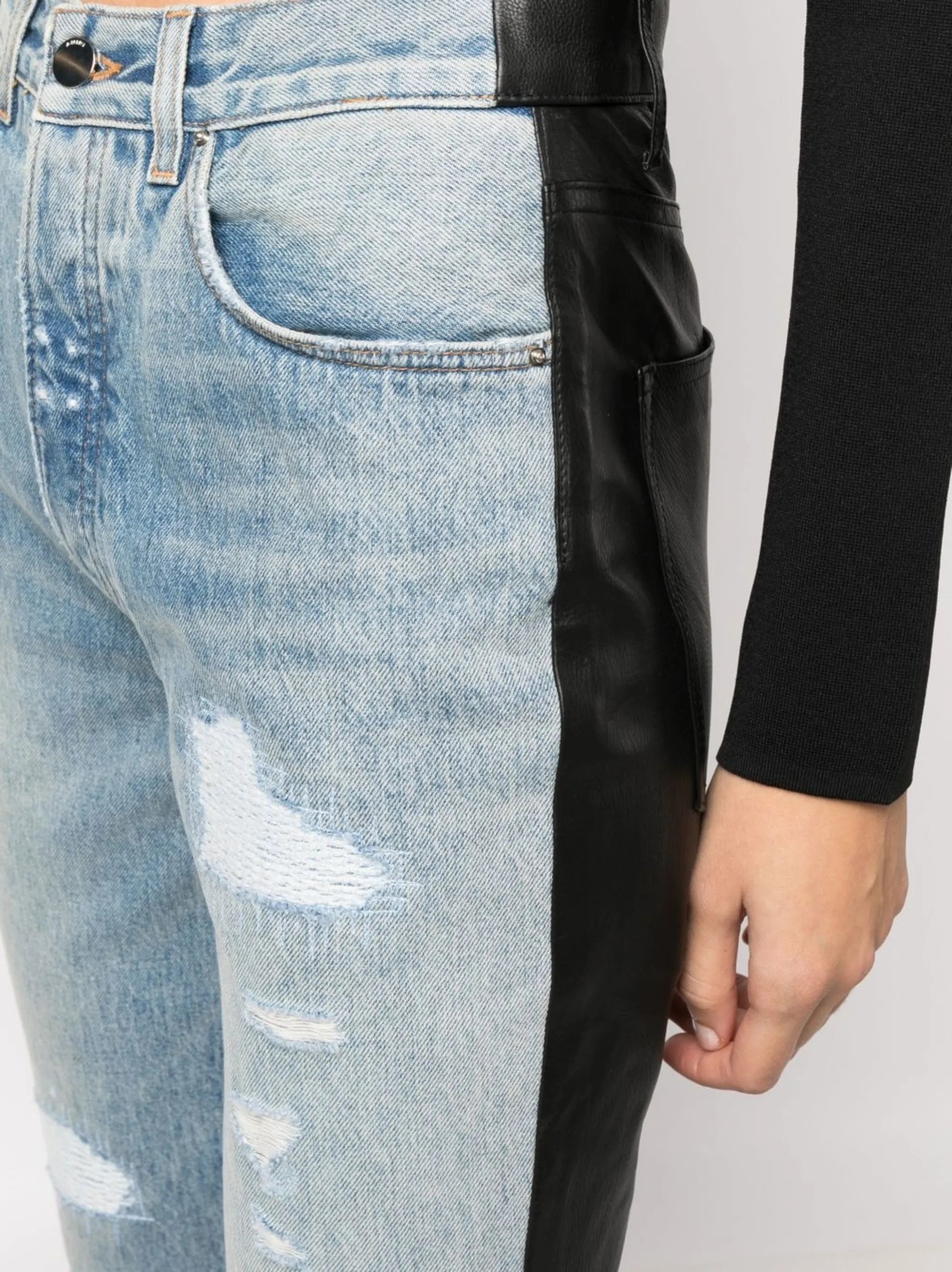 Combo bootleg leather-denim jeans