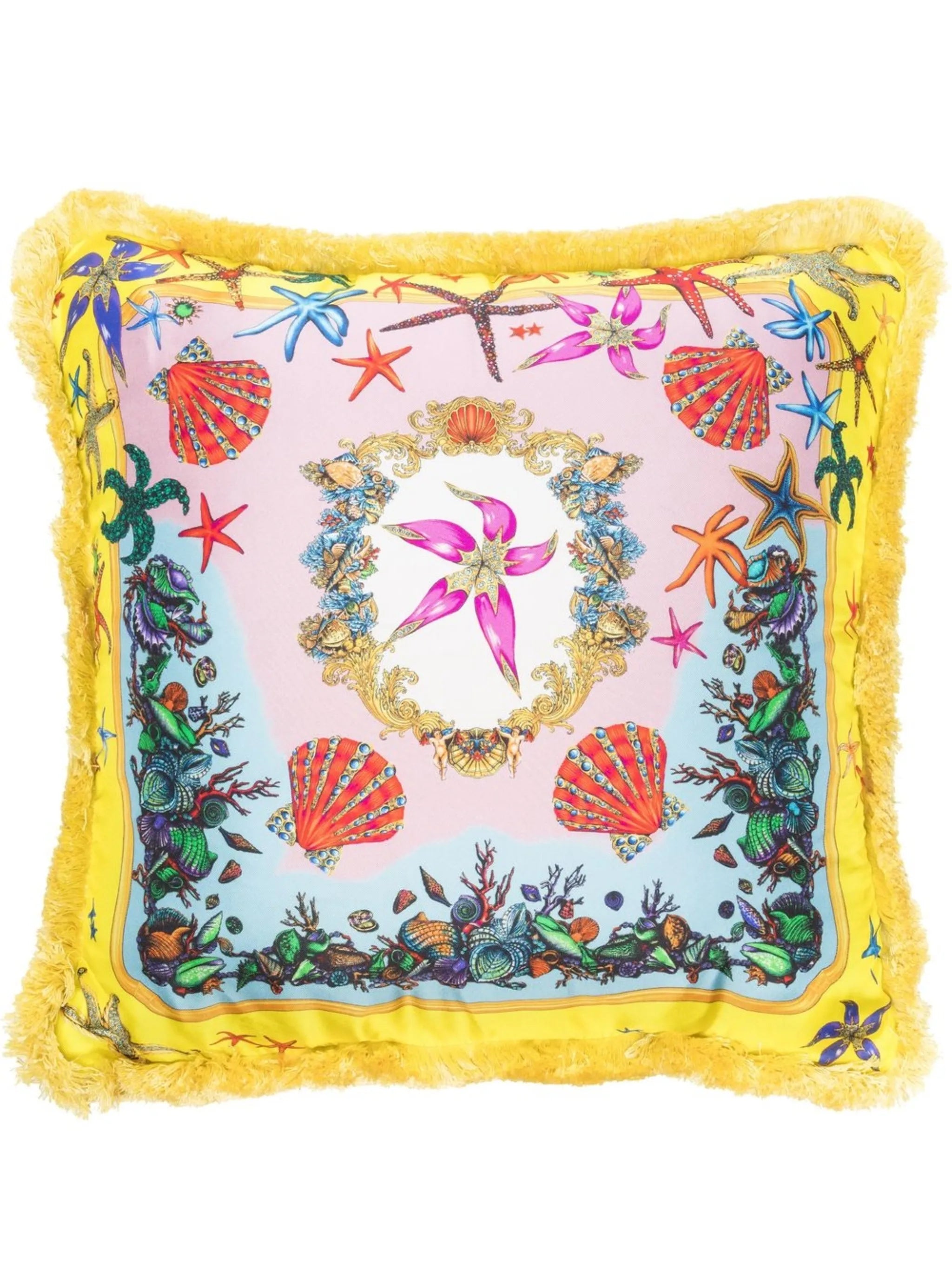 Seaside-print silk cushion