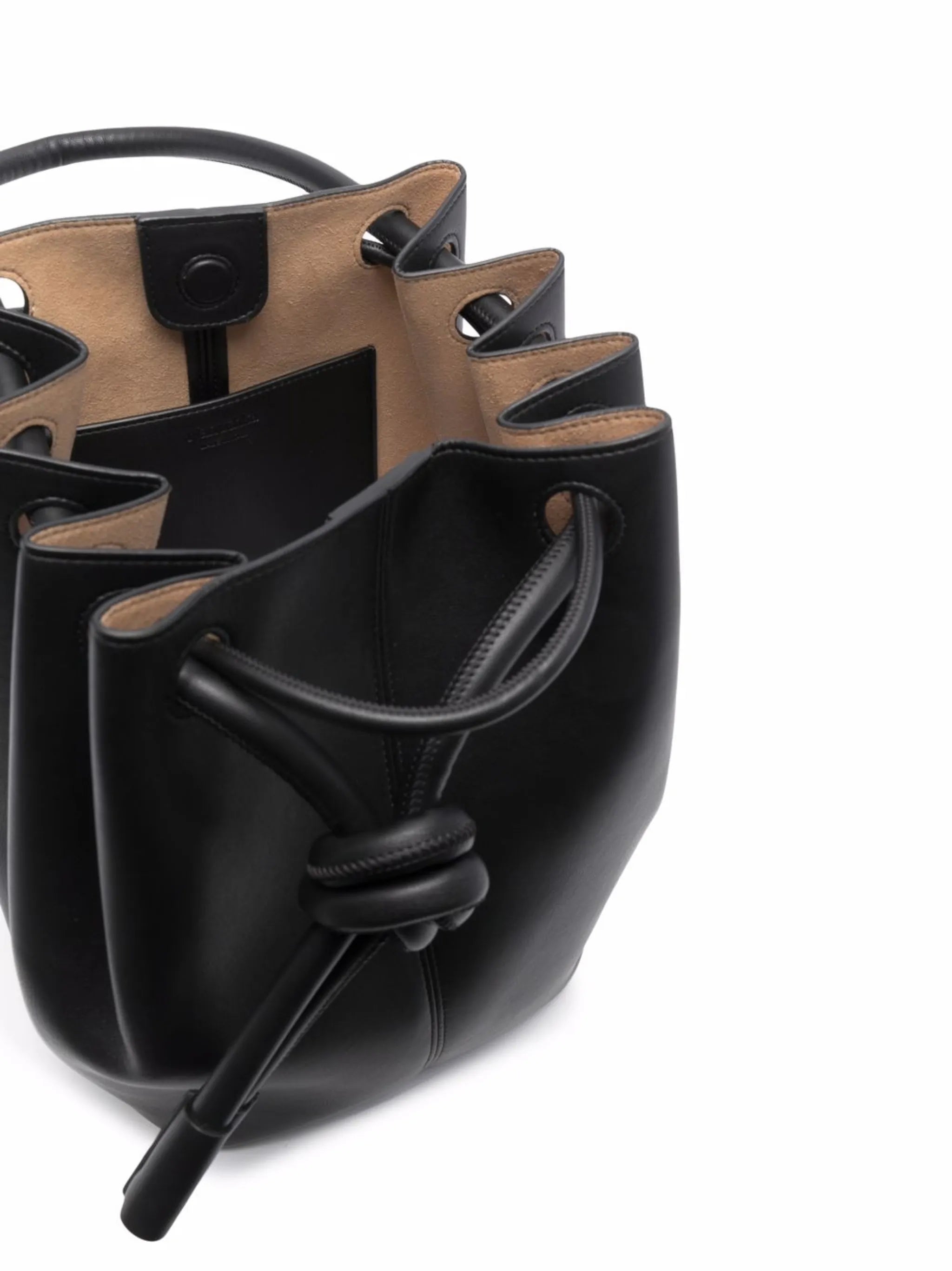 Elongated knot-detail bucket bag