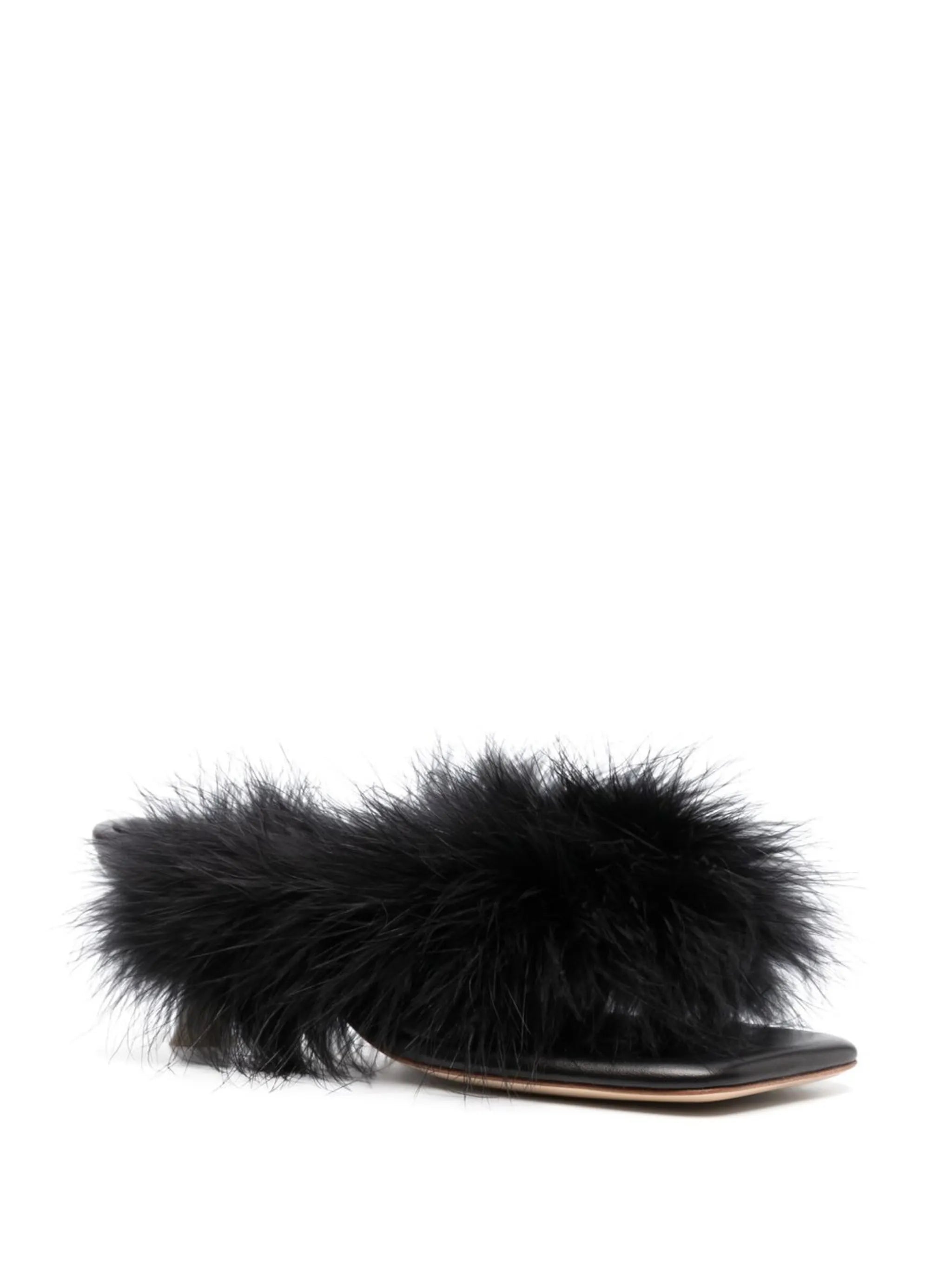 feathered slip-on sandals