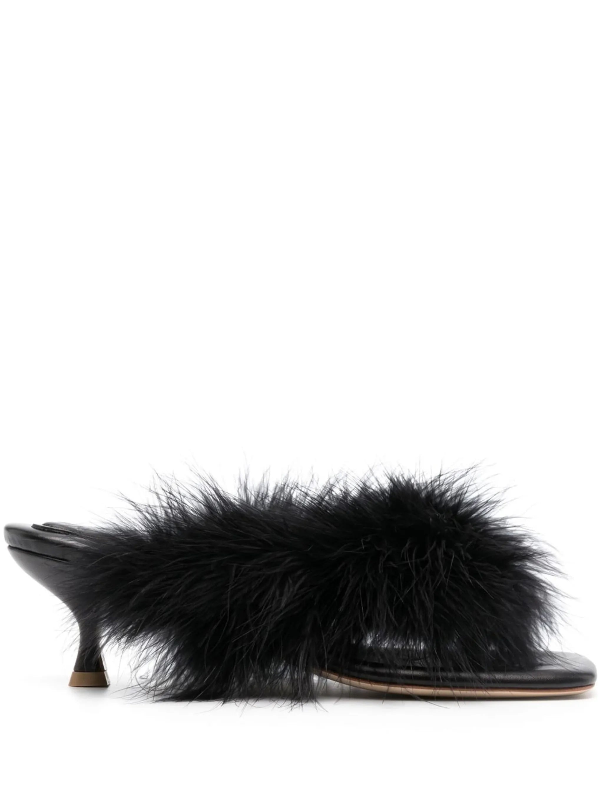 feathered slip-on sandals